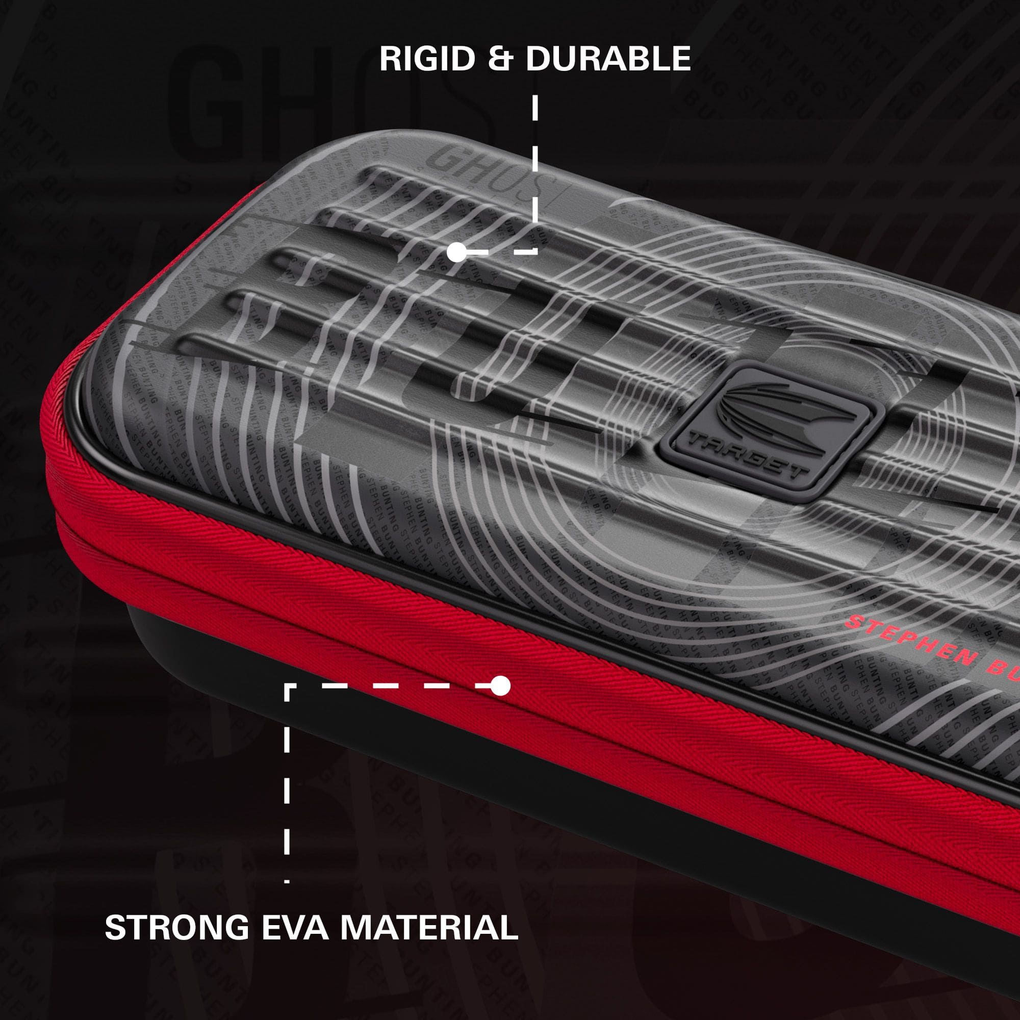 Takoma Ghost Series Stephen Bunting darthoesje Auf dem Bild ist das Takoma Ghost Series Stephen Bunting Dartcase zu sehen. Es ist eine Schutztasche für Darts mit dem Design von Stephen Bunting.