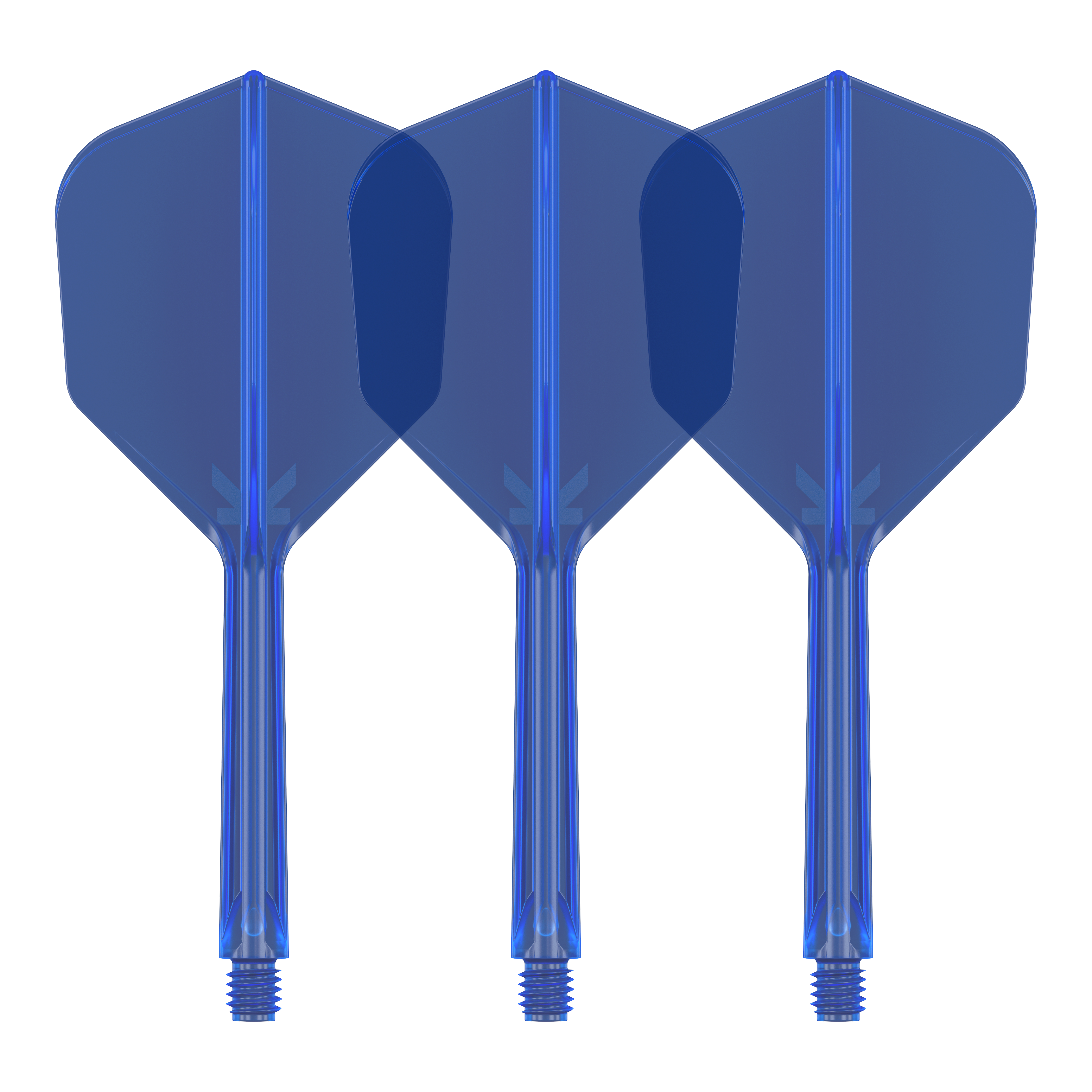 Target K-Flex No6 Flight System - Blauw Das Bild zeigt drei blaue Dart-Flights mit Schäften. Sie stehen nebeneinander und sind identisch gestaltet.