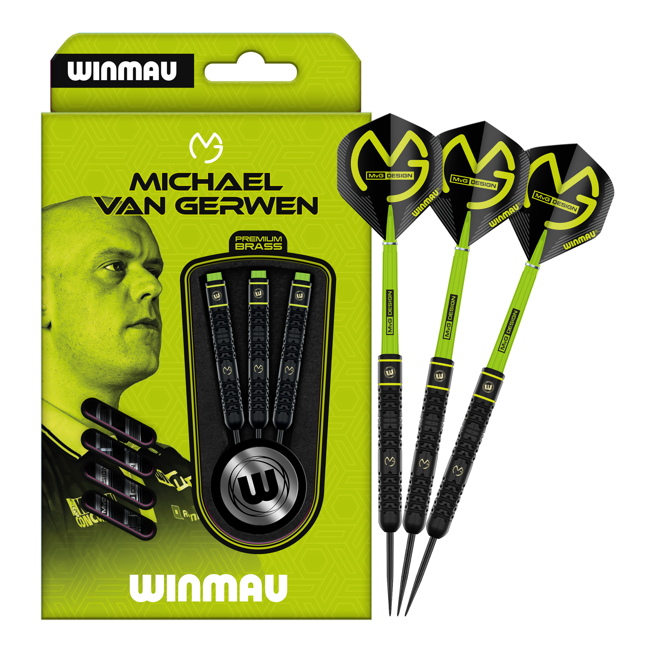 Winmau Michael Van Gerwen Messing Steeldarts - 21g Zu sehen ist das Set Winmau Michael Van Gerwen Steeldarts mit 21 g. Diese Darts sind optimal zum Steeldart-Spielen geeignet.