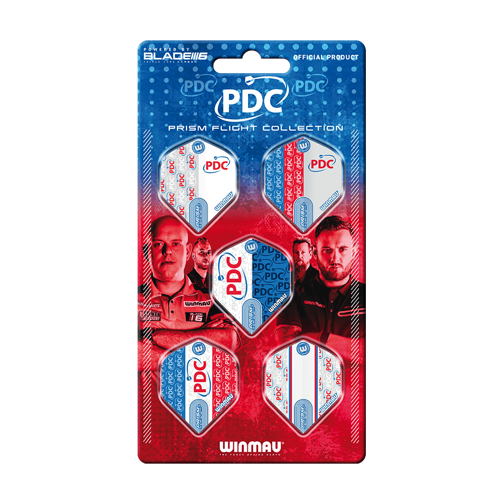 Winmau PDC Prism Flight-collectie Das Bild zeigt die "Winmau PDC Prism Flight Collection", eine offizielle Sammlung von Dart-Flights. Die Verpackung ist blau-rot gestaltet und zeigt fünf verschiedene Flights sowie Bilder von Dartspielern.