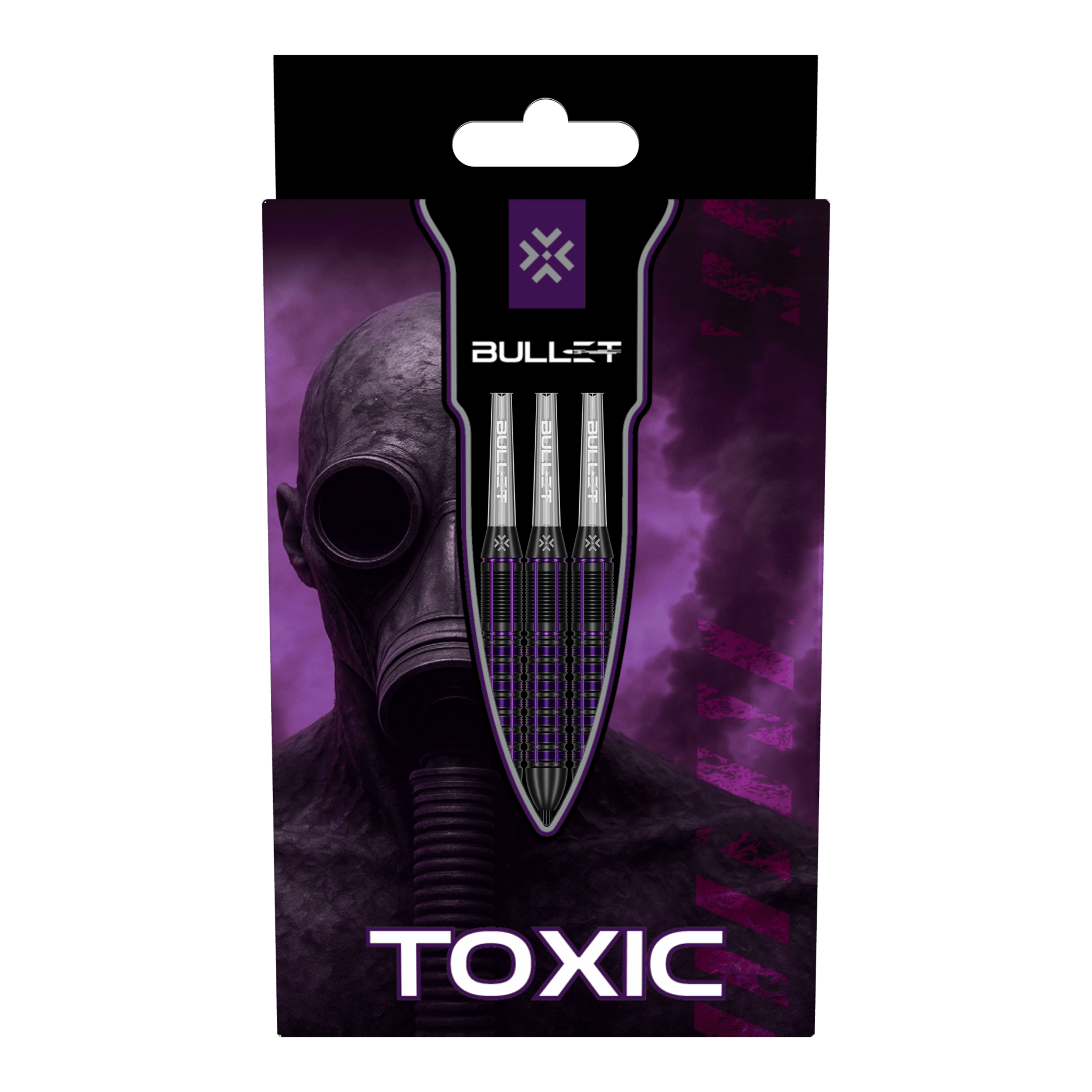 Das Bild zeigt drei Bullet Toxic Brass Steeldarts - 23g. Sie sind aus Messing gefertigt und wiegen jeweils 23 Gramm.