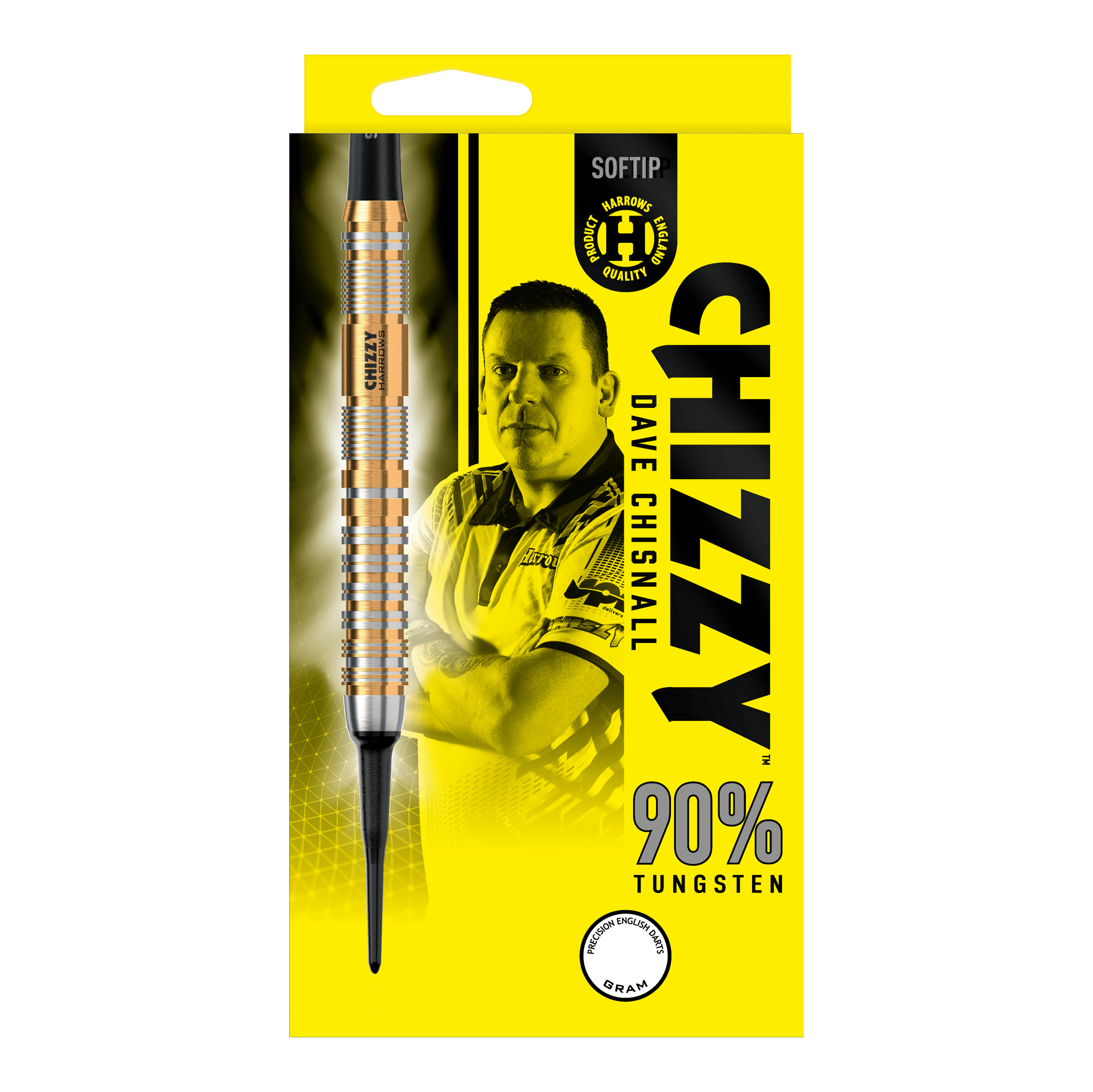 Harrow's Dave Chisnall Chizzy Series 2 zachte darts Die Verpackung zeigt die "Harrows Dave Chisnall Chizzy Series 2 Softdarts" mit einem Bild von Dave Chisnall. Auf der gelben Schachtel steht, dass die Darts aus 90% Tungsten bestehen.