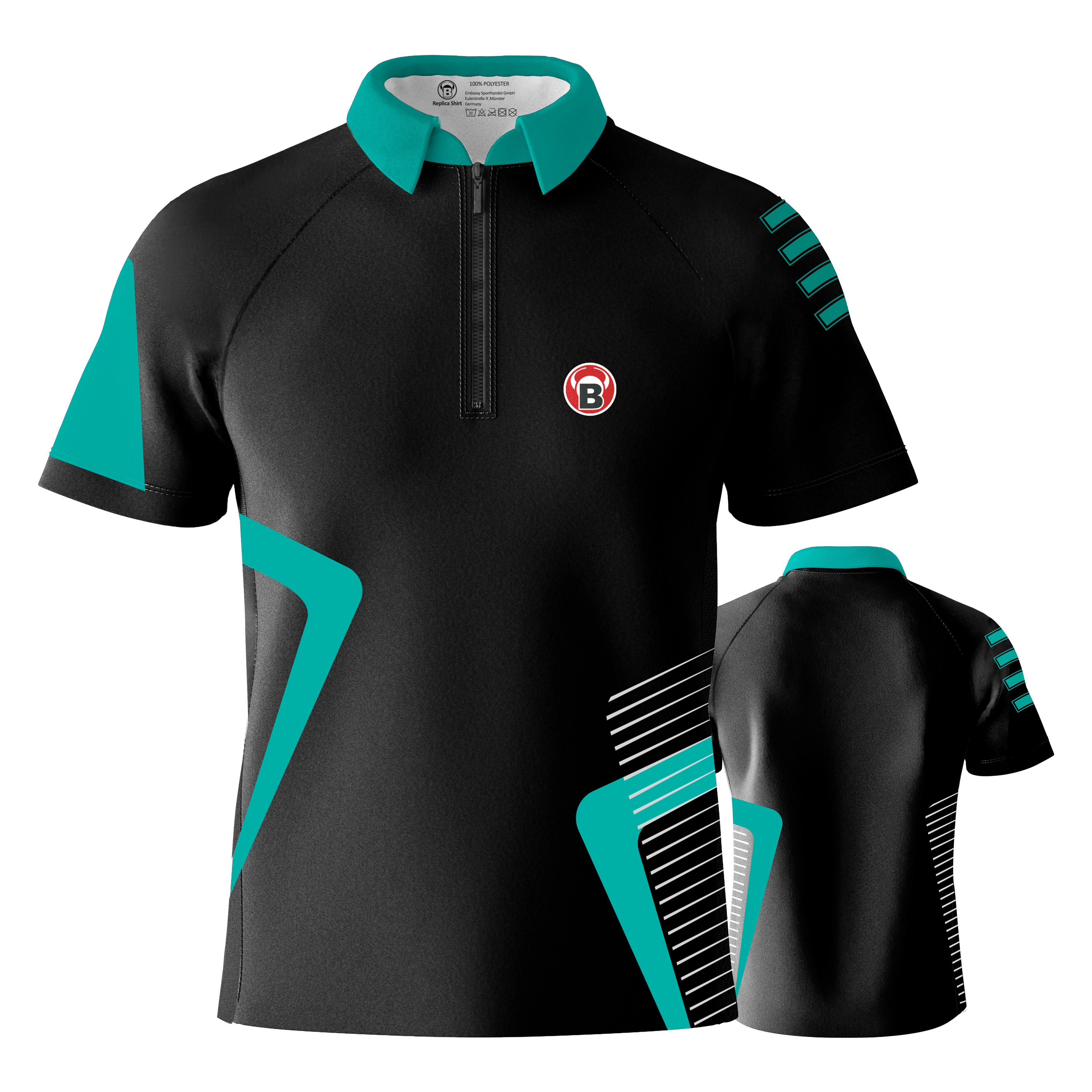 Bulls Team Dart Shirt - Munt Das Bild zeigt das Bulls Team Dartshirt in der Farbe Mint. Das Shirt ist überwiegend schwarz mit mintfarbenen Akzenten und einem kleinen Logo auf der Brust.