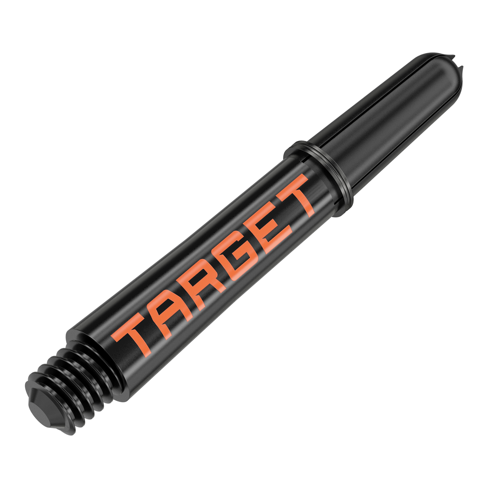 Target Pro Grip TAG Shafts - 3 sets - Zwart Oranje Das Bild zeigt einen schwarzen Dart-Schaft mit orangener Aufschrift "TARGET". Er hat ein Schraubgewinde an einem Ende und ist 34 mm lang.