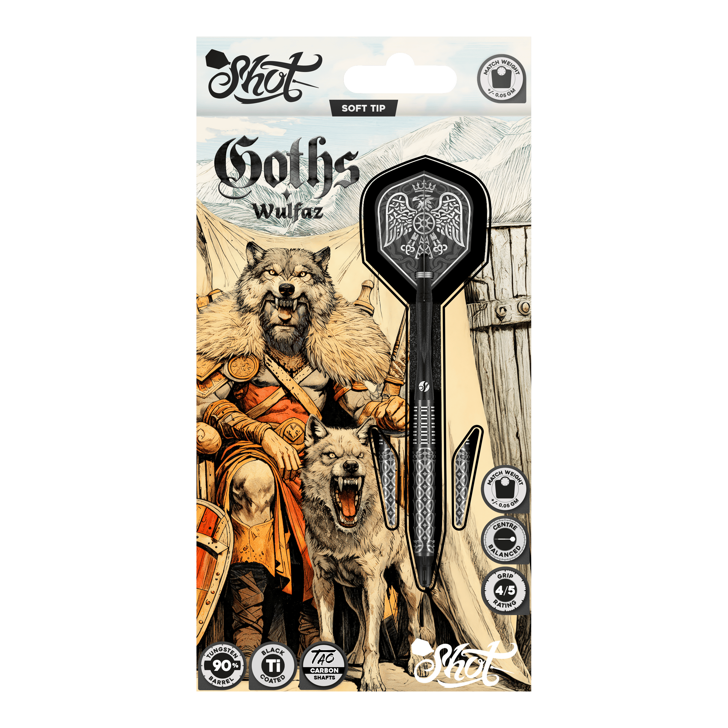 Shot Goths Wulfaz softdarts - 20g Auf dem Bild sind die Shot Goths Wulfaz Softdarts mit 20g Gewicht zu sehen. Das moderne Design sorgt für ein optimales Dartspiel.