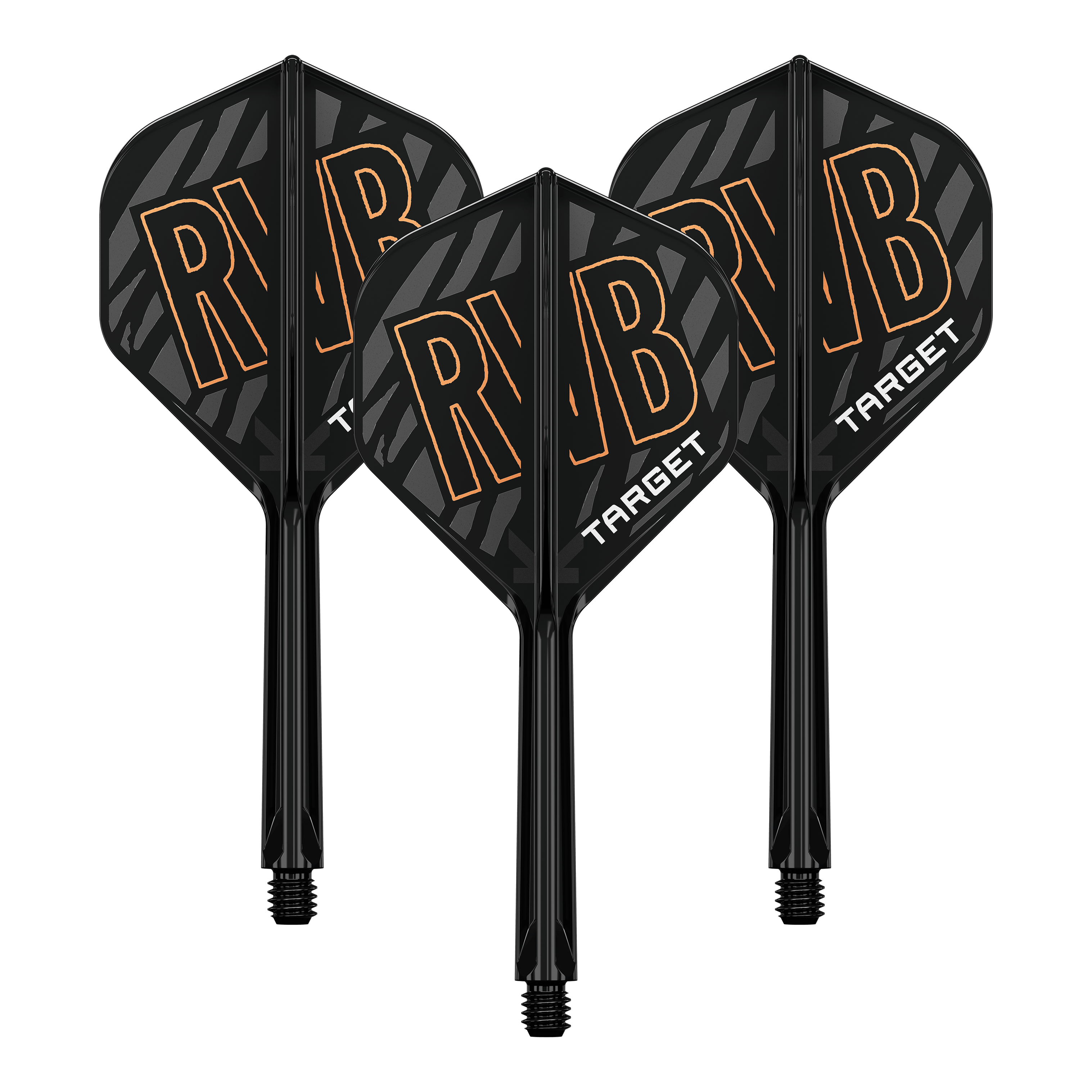Target K-Flex Raymond Van Barneveld No2 standaard vliegassysteem Das Bild zeigt drei schwarze Dartflights mit integrierter Schaftsystem. Auf den Flights steht in großen Buchstaben "RVB" und darunter "TARGET".