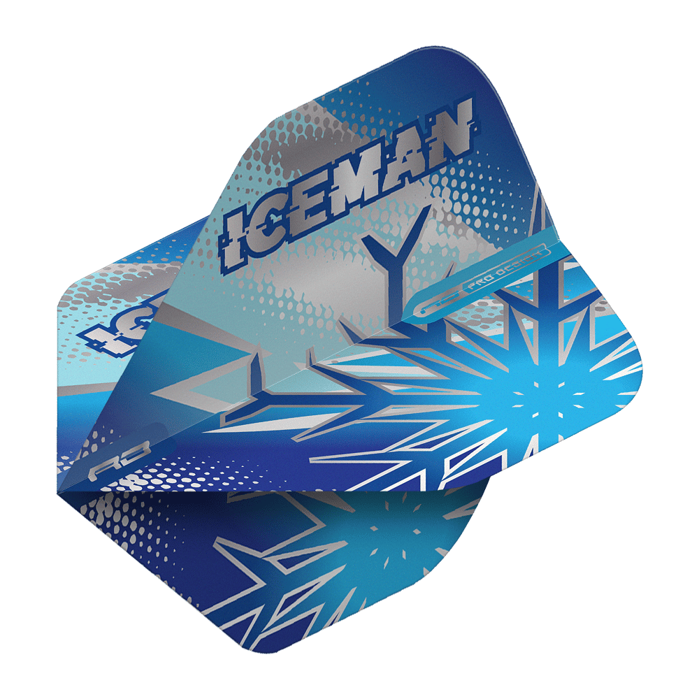 Red Dragon Gerwyn Price Blue Flake No2 Standard Flights Das Bild zeigt die Dartflights „Red Dragon Gerwyn Price Blue Flake No2 Standard Flights“ in Blau mit Eiskristall-Design. Auf den Flights steht groß das Wort „ICEMAN“.