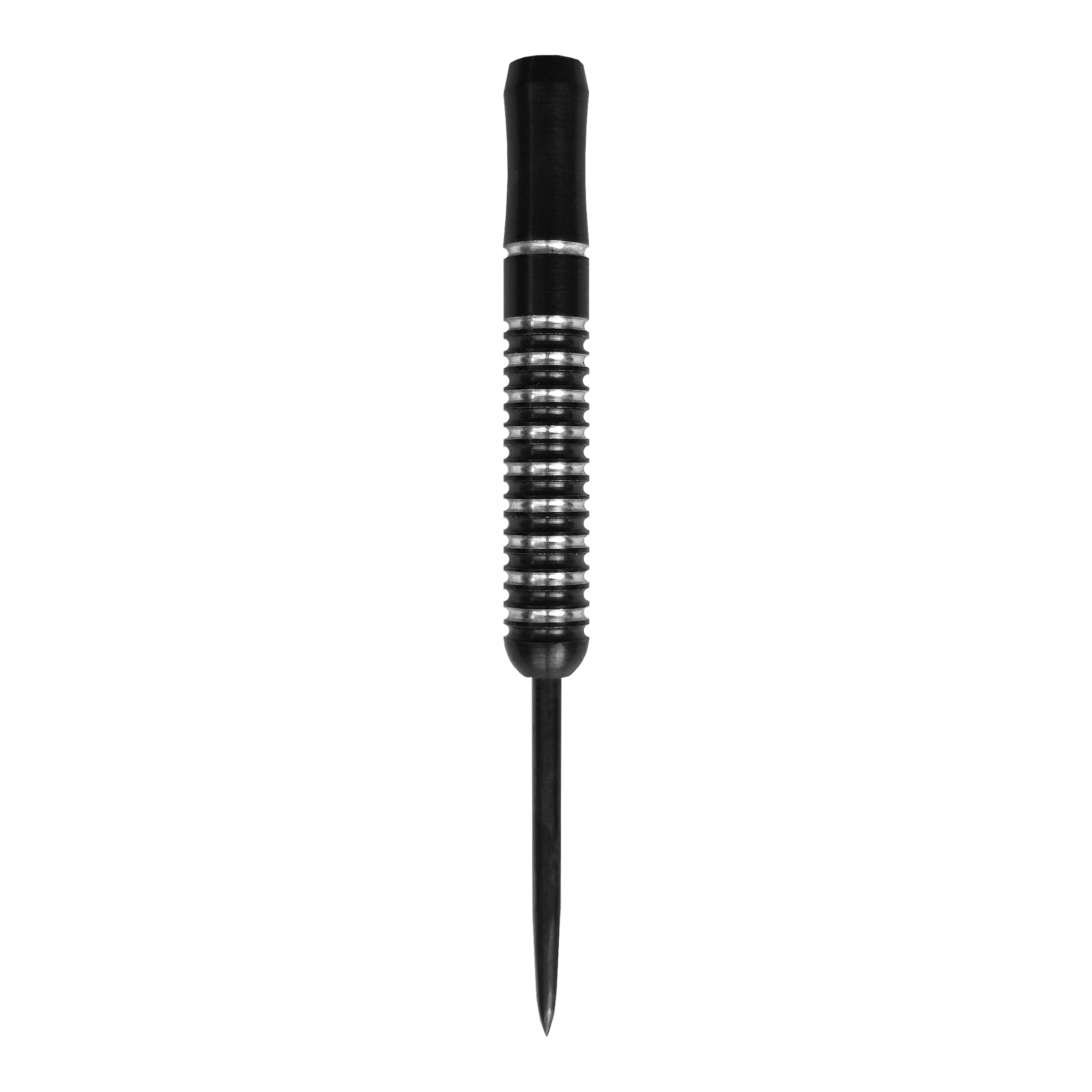 McDart Void Steeldart-vaten - 23 g Das Bild zeigt einen McDart Void Steeldart Barrel mit einem Gewicht von 23g. Der Dart hat ein schwarz-silbernes Rillenmuster und eine spitze Metallspitze.