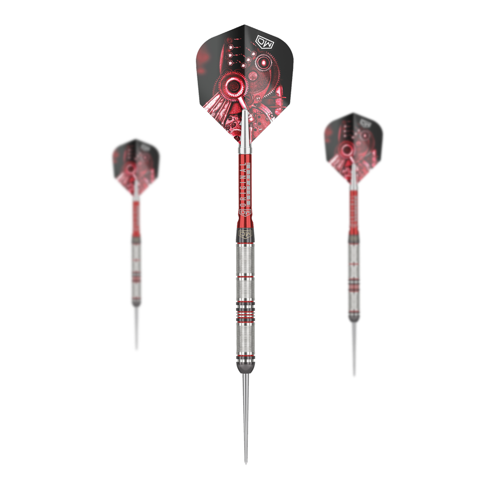 DW Piranha Razor 01 stalen darts Das Bild zeigt drei Steeldarts des Produkts "DW Piranha Razor 01". Die Darts haben silberne Griffe mit roten Akzenten und Flights mit einem roten Zahnrad-Motiv.