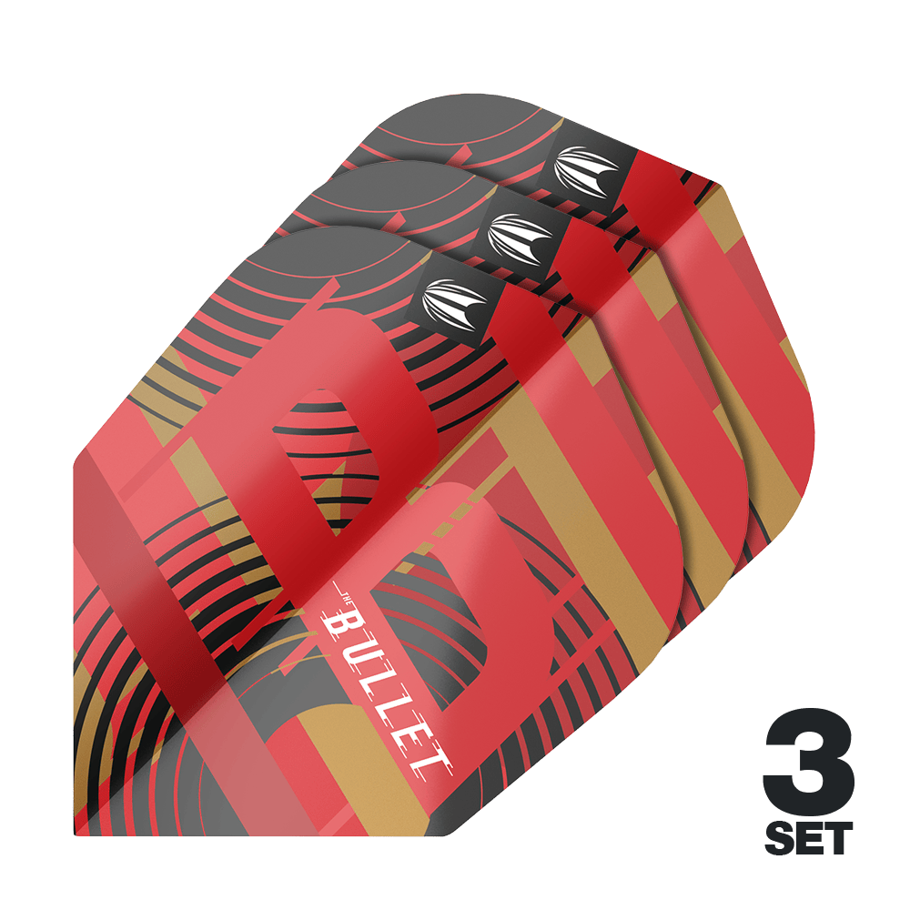 Target Pro Ultra Stephen Bunting GEN5 No6 vluchten - 3 sets Das Bild zeigt drei Sätze der Target Pro Ultra Stephen Bunting GEN5 No6 Flights. Die Flights sind rot, schwarz und gold gefärbt und tragen das Wort "BULLET".