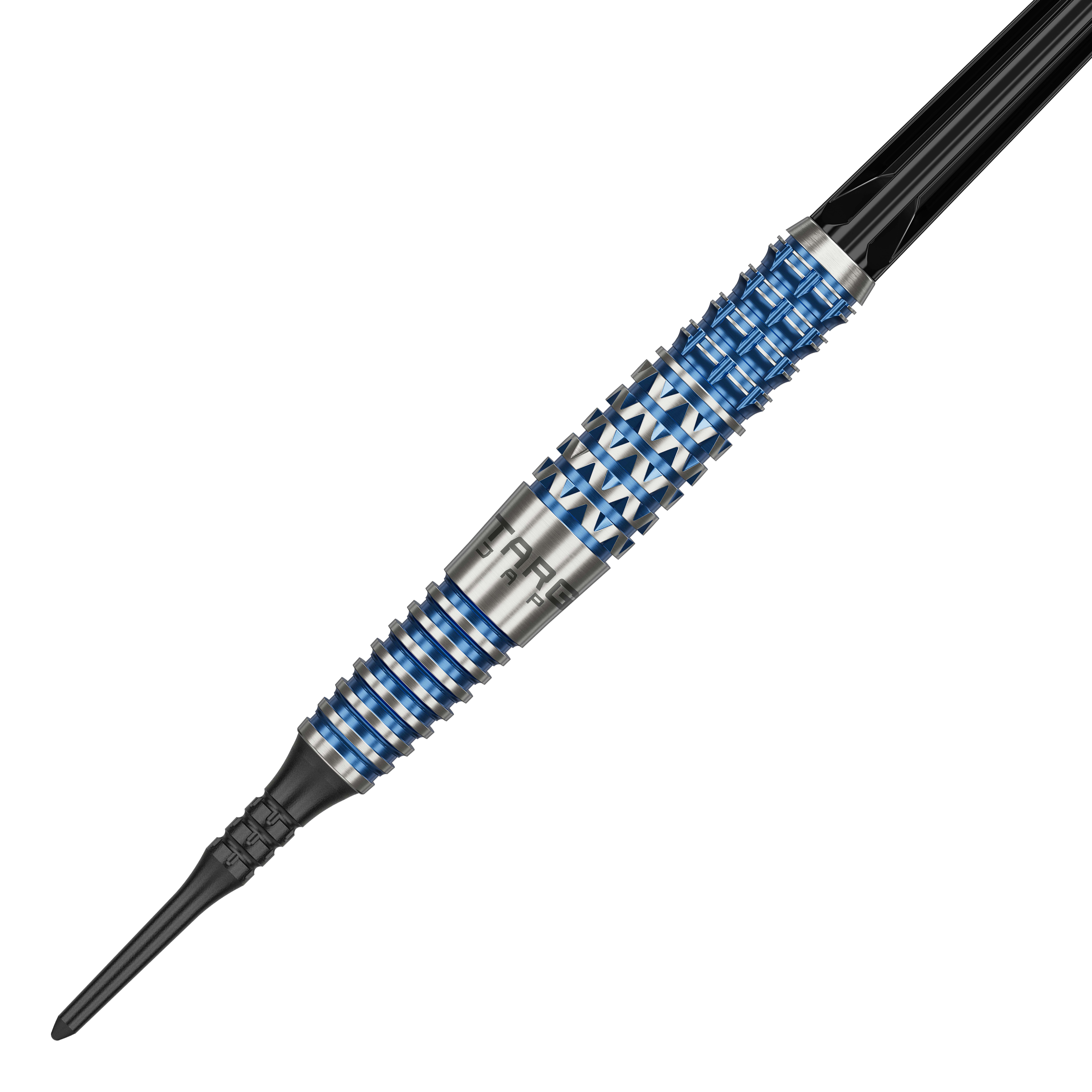 Target Japan Toru Suzuki Sereno GEN2 Soft Darts - 20g Dies ist ein Softdart namens "Target Japan Toru Suzuki Sereno GEN2 Softdarts - 20g". Der Dartpfeil hat ein silbernes und blaues Rillendesign mit schwarzen Elementen.