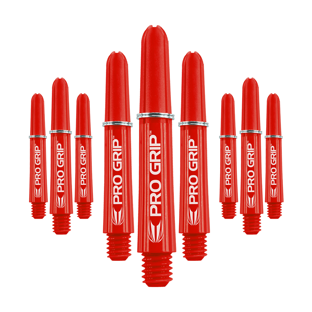 Target Pro Grip Shafts - 3 sets - Rood Das Bild zeigt neun rote Dart-Schäfte mit der Aufschrift "PRO GRIP". Sie sind in drei Gruppen angeordnet und haben ein auffälliges, glänzendes Design.