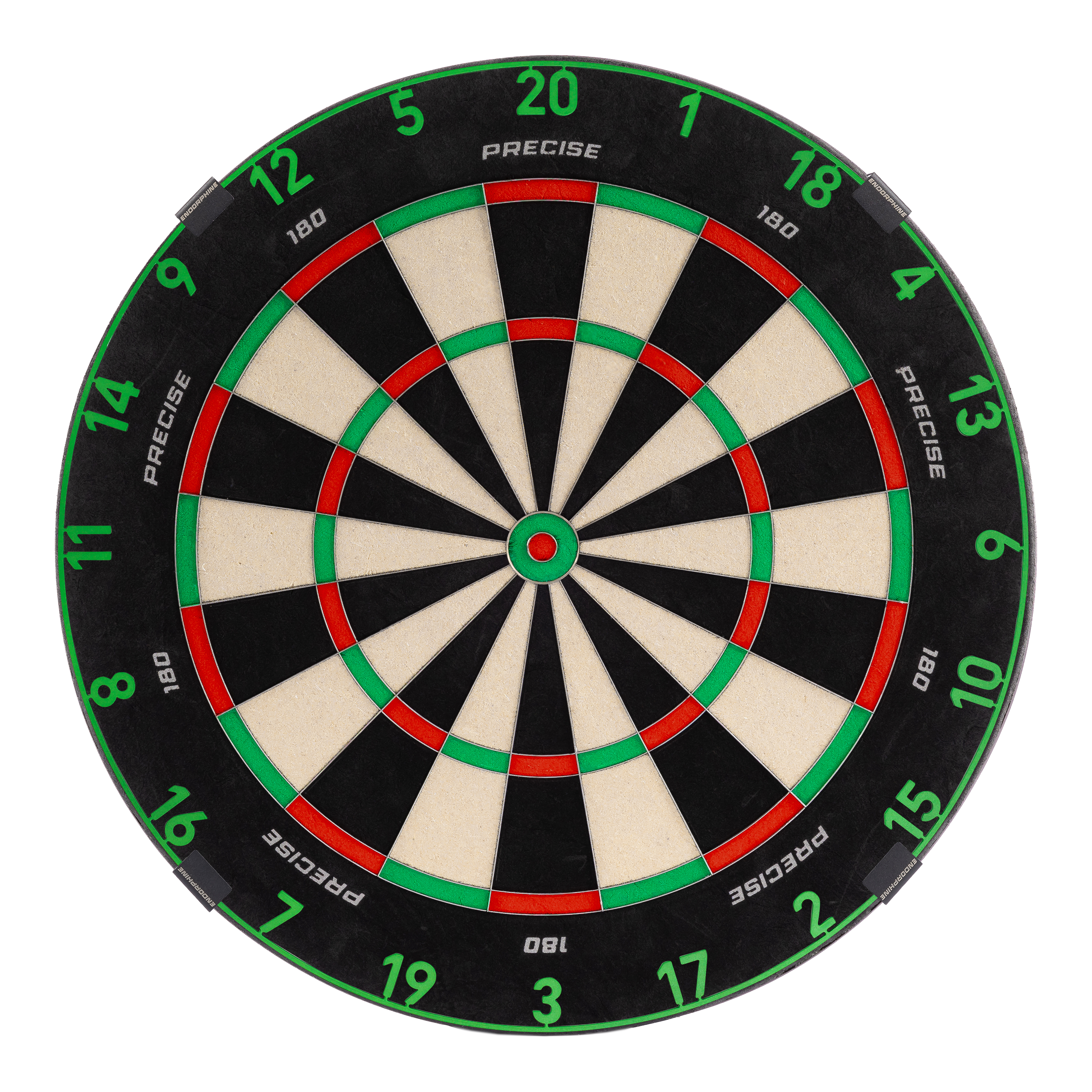 Precise 180 Endorphine Steel Dartbord met genummerde ring - Smaragdgroen Zu sehen ist ein Precise 180 Endorphine Steeldartboard mit Nummernring. Es bietet ein klassisches Dartboard-Design.