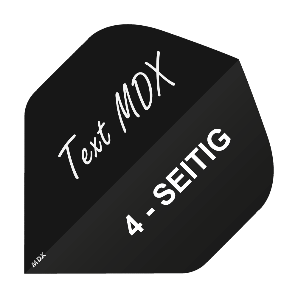 4-Seitig_Bedruckte_Flights_Wunschtext_MDX_Schwarz_Standard_1 Das Bild zeigt ein schwarzes Flight, das mit weißer Schrift bedruckt ist. Auf dem Flight steht „Text MDX“ und „4-SEITIG“.