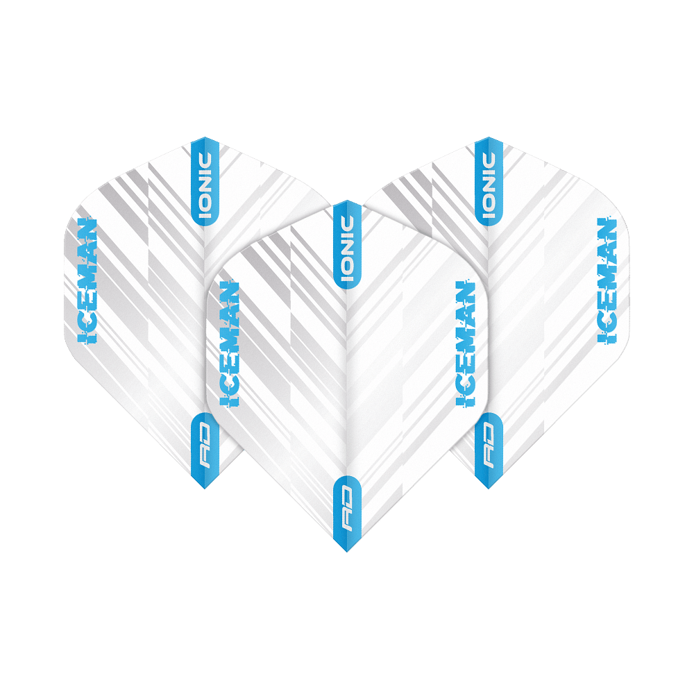 TF6522_Red_Dragon_Hardcore_Ionic_Gerwyn_Price_White_Blue_Stripes_Standard_Flights_1iALLSQRCTu7F7 Das Bild zeigt drei weiße Dart-Flights mit grauen Streifen und blauen Akzenten. Auf den Flights steht "ICEMAN" und "IONIC" in blauer Schrift.