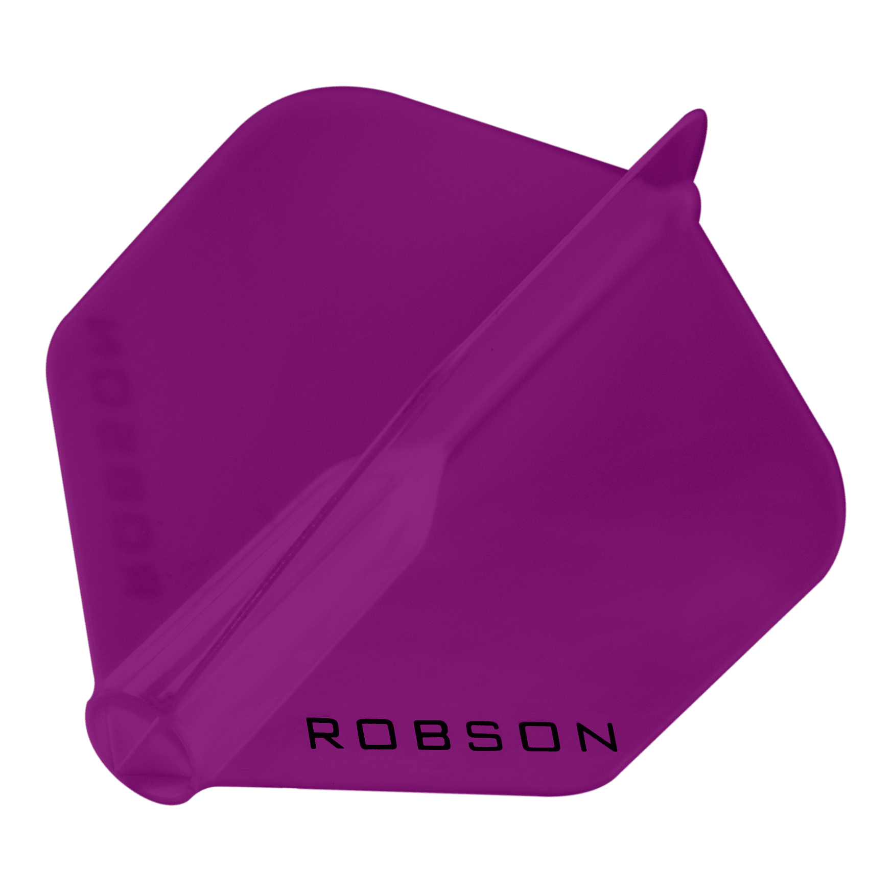 Robson Plus Standard Flights Das Bild zeigt ein violettes Dartflight mit sechseckiger Form. Auf dem Flight steht das Wort "ROBSON" in schwarzen Buchstaben.