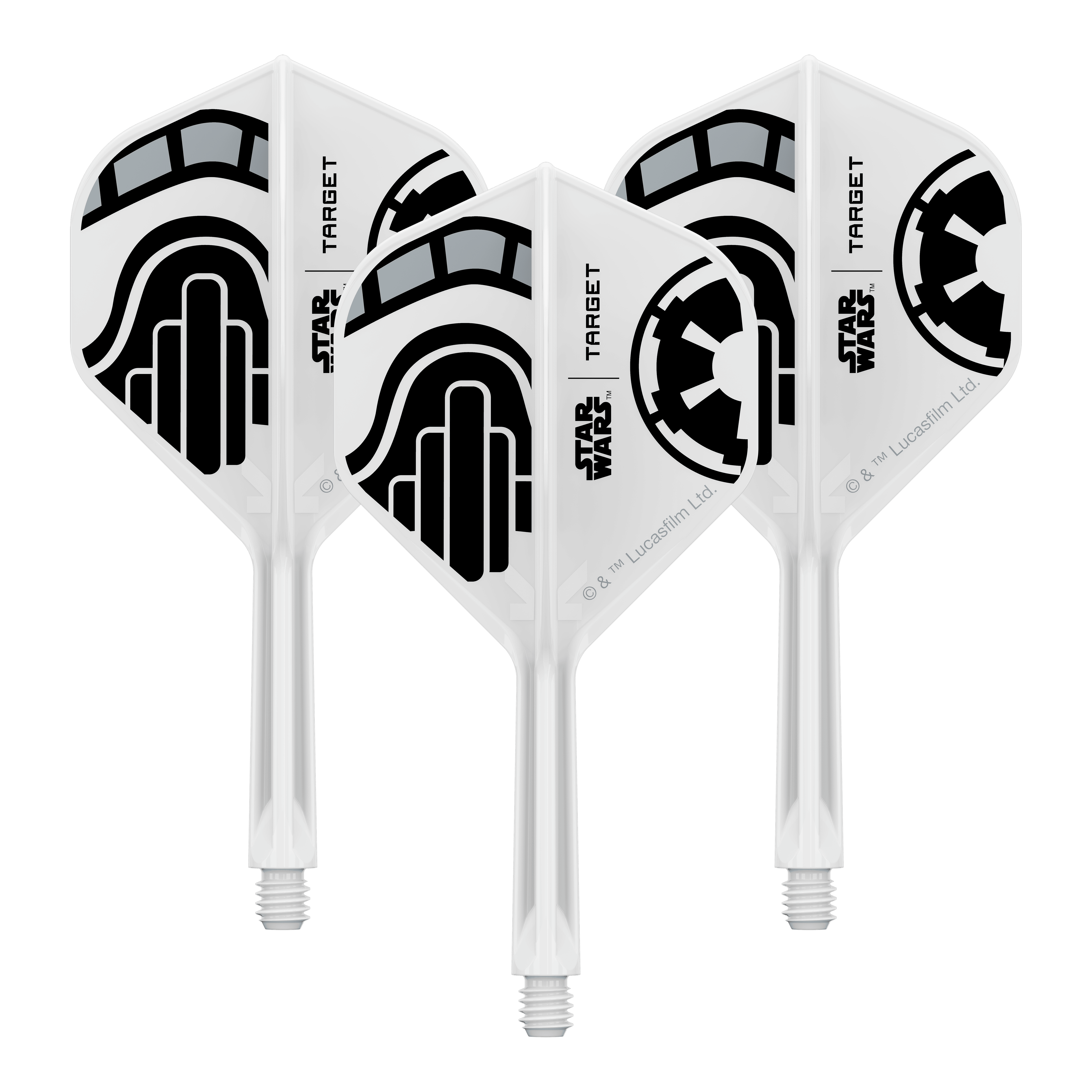 Target Star Wars K-Flex Stormtrooper No.2 Standaardvluchten Abgebildet ist ein Set von Dart-Flights der Star Wars KFlex Stormtrooper No2 Standard Serie. Die Flights sind für den Intermediate-Bereich und haben eine Länge von 26 mm.