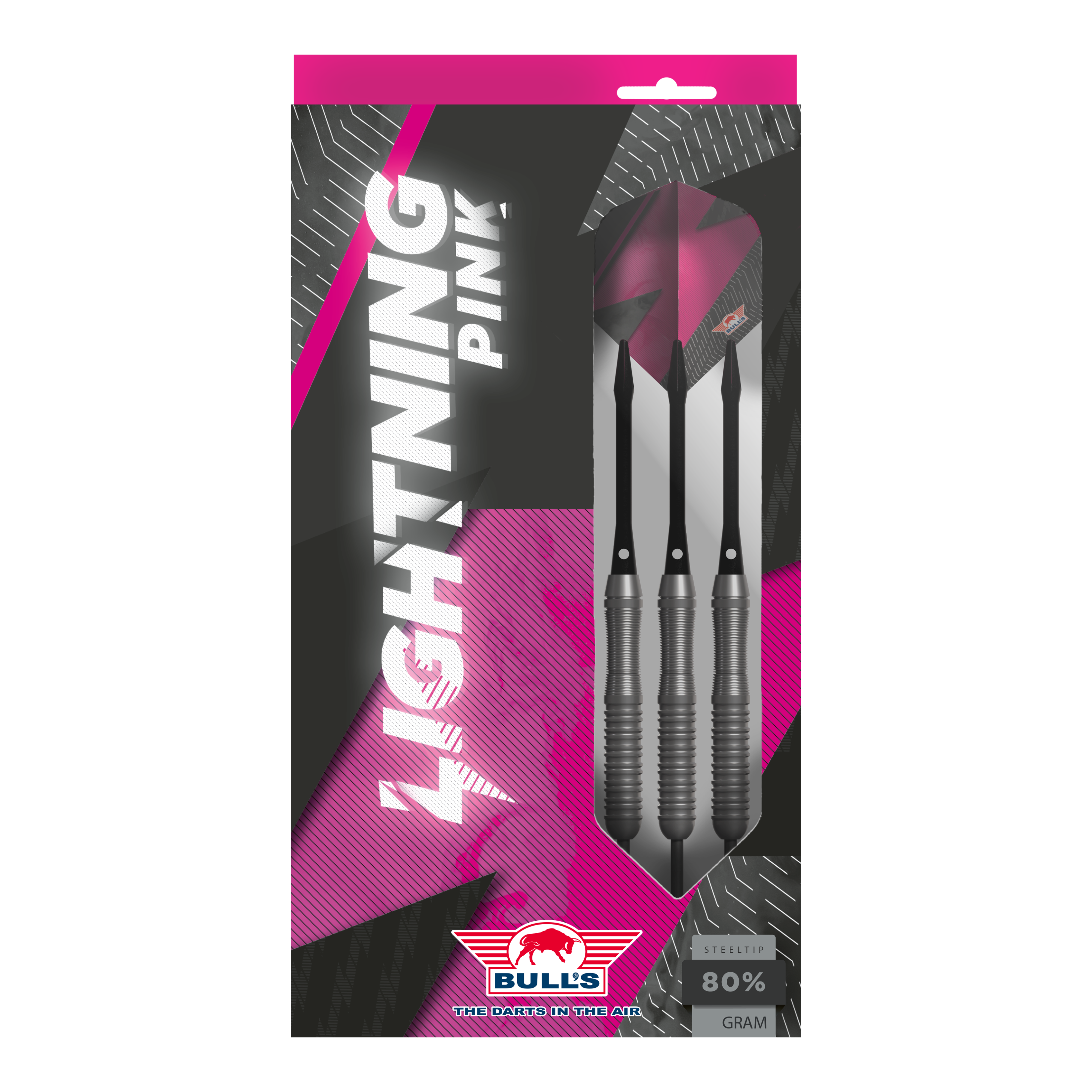 Bulls NL Lightning Pink steel darts Das Bild zeigt eine Verpackung der "Bulls NL Lightning Pink Steeldarts". Die Darts sind in Schwarz und Pink gestaltet und haben einen Stahlspitze.