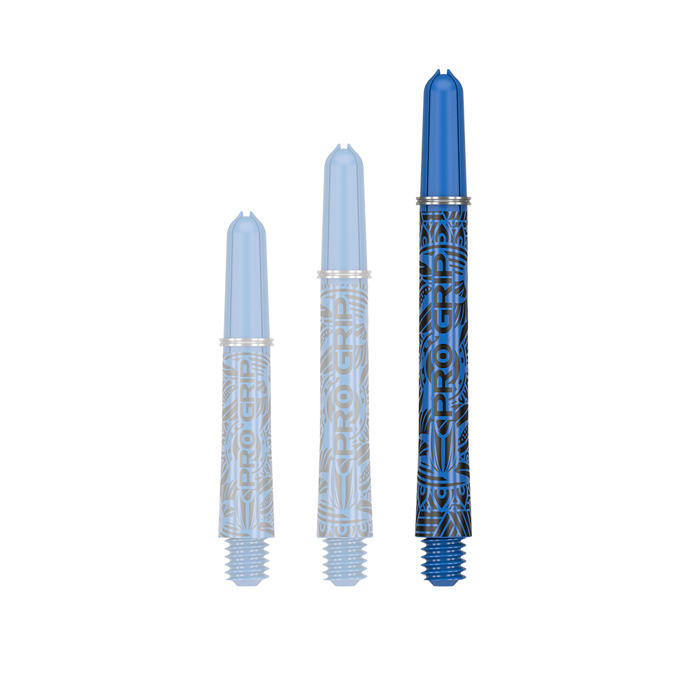 Target Pro Grip Ink shafts - 3 sets - blauw Auf dem Bild sind drei blaue Dartschäfte in unterschiedlichen Längen zu sehen. Sie tragen die Aufschrift "Pro Grip" und haben ein auffälliges Muster.