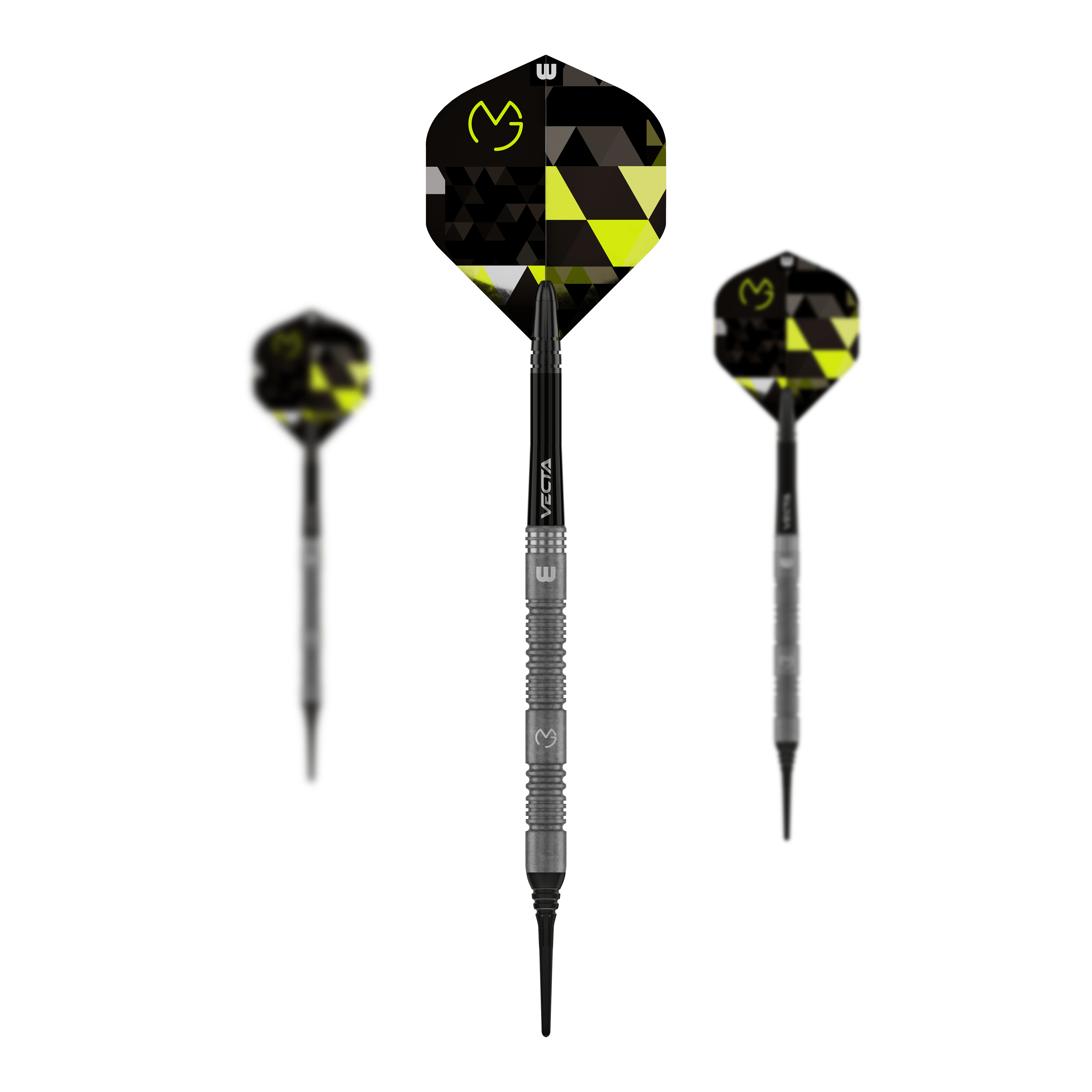 Winmau Michael Van Gerwen TS zachte dartpijlen - 18g Zu sehen ist ein Set Winmau Michael Van Gerwen TS Softdarts - 18g. Enthalten sind mehrere Pfeile.