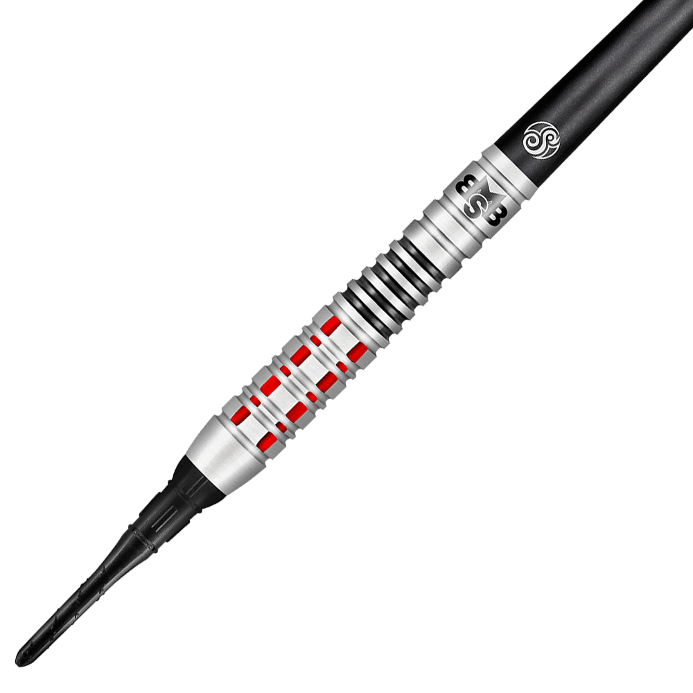 Shot van Michael Smith Believe zachte darts Das Bild zeigt einen Shot Michael Smith Believe Softdart. Der Dart hat ein silbernes Design mit roten und schwarzen Akzenten.
