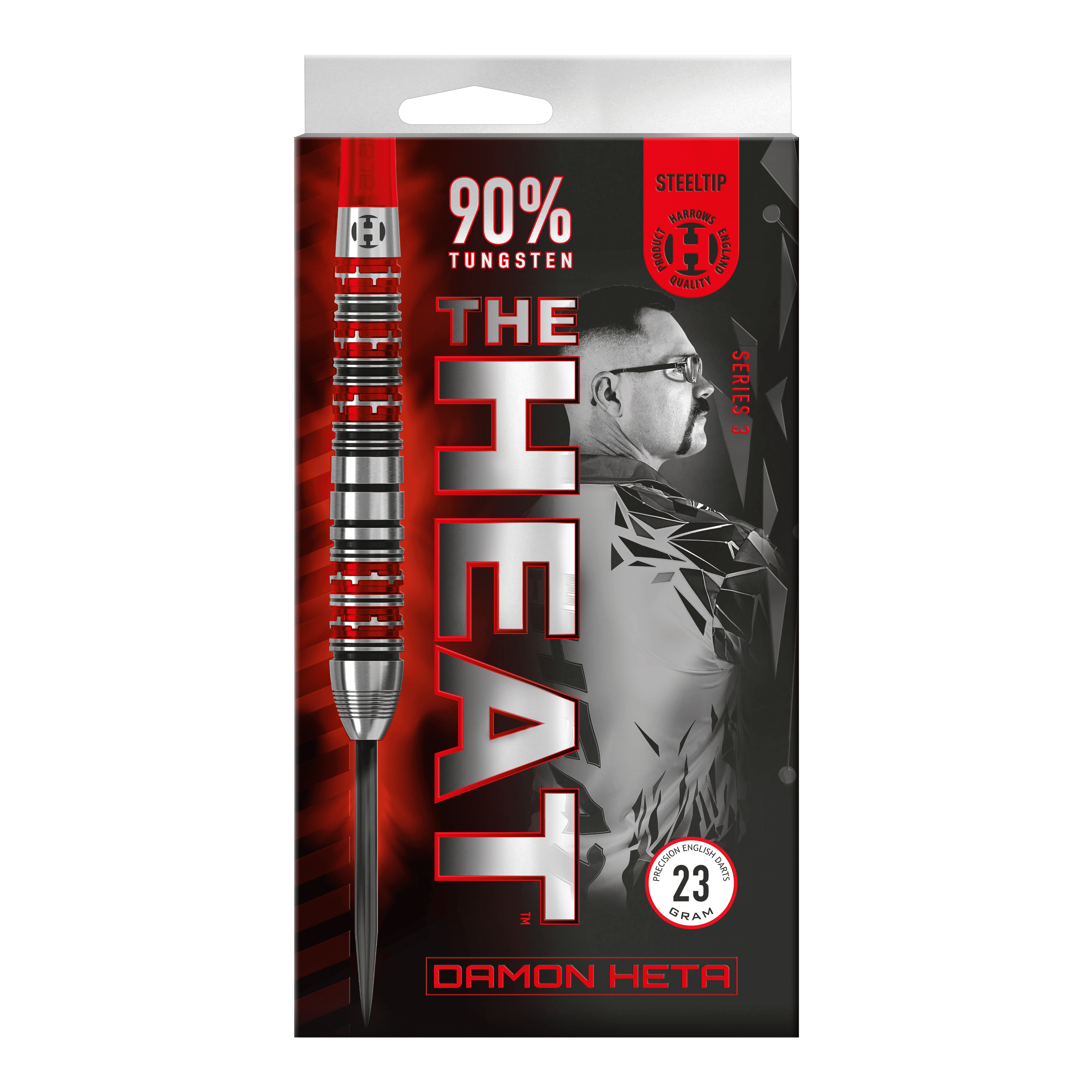 Harrows Damon Heta Series 3 Steeldarts Die Verpackung zeigt die "Harrows Damon Heta Series 3 Steeldarts" mit einem markanten Design in Rot und Schwarz. Auf der Vorderseite sind Informationen wie 90% Tungsten und ein Bild von Damon Heta abgebildet.