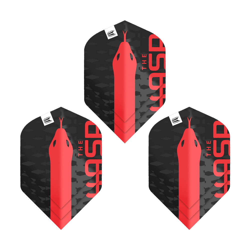 Target Pro Ultra Nathan Aspinall No2 standaardvluchten - 3 sets Das Bild zeigt drei schwarze Dart-Flights mit einem roten Schlangenkopf und der Aufschrift "THE ASP". Es handelt sich um das Produkt "Target Pro Ultra Nathan Aspinall No2 Standard Flights - 3 Sets".