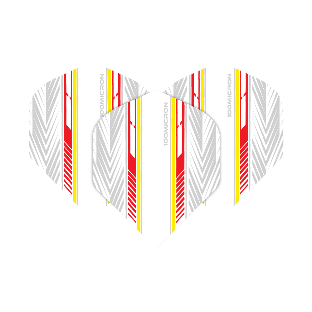 Pentathlon Vluchten wit/rood/geel Das Bild zeigt die Pentathlon White Red Yellow No2 Standard Flights in einem modernen Design. Die Flights sind weiß mit roten, gelben und grauen Streifen verziert.