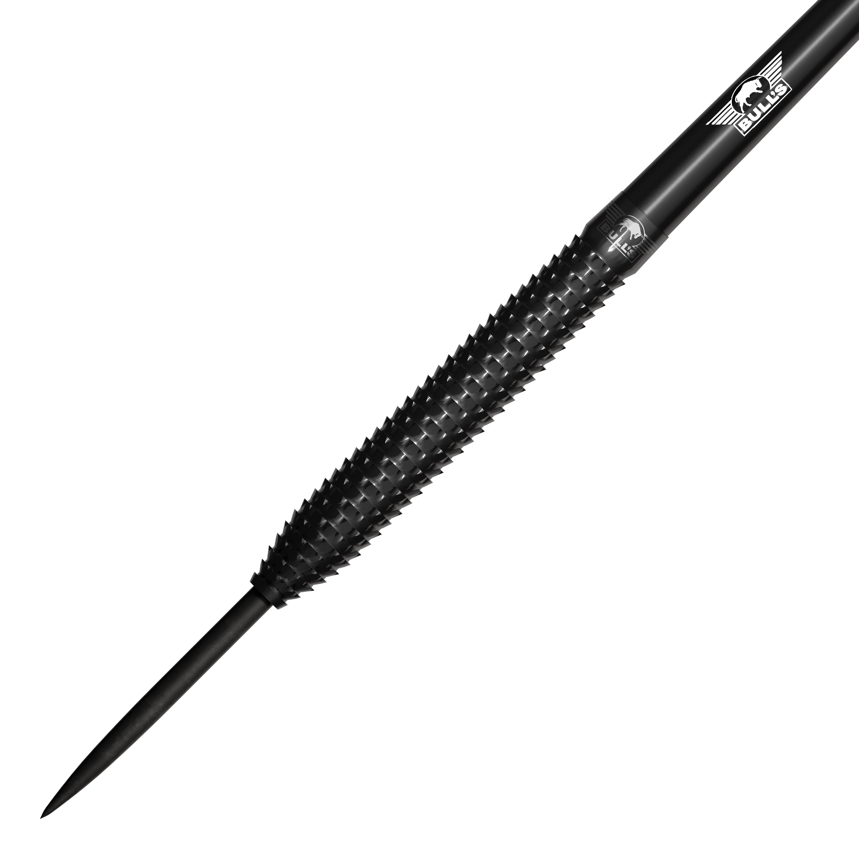 Bulls NL Shark Pro Zwarte Stalen Darts Das Bild zeigt einen schwarzen Steeldart mit einer strukturierten Griffzone. Auf dem Dart ist das Bulls NL Logo zu sehen.