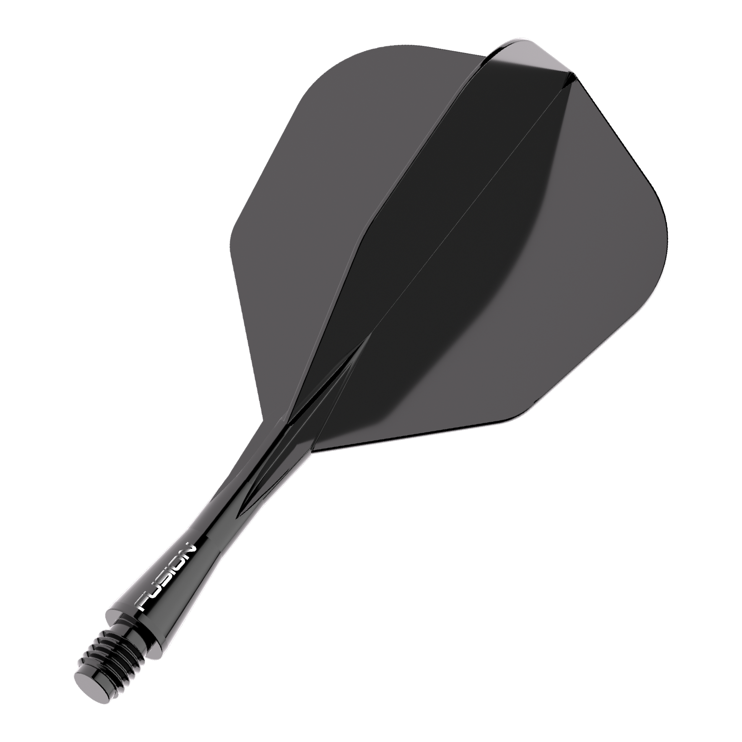Winmau Fusion Flight Shaft System No6 Zwart Das Bild zeigt ein schwarzes Dart Flight-Schaft-System. Es trägt den Schriftzug "FUSION" auf dem Schaft und hat eine glänzende Oberfläche.