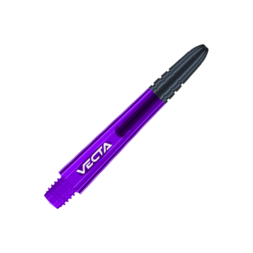 Winmau Vecta Shafts - Paars Zwart Das Bild zeigt einen lila und schwarzen Dart-Schaft mit der Aufschrift "VECTA". Der Schaft hat ein glattes, modernes Design und misst 37 mm.