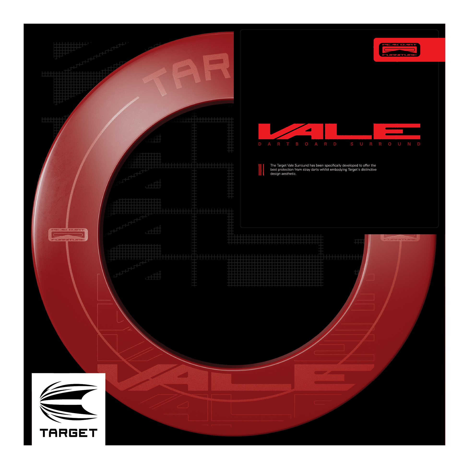 Target VALE Dartbord Surround Das Bild zeigt das Produkt "Target VALE Dartboard Surround" in einem auffälligen roten Design. Es wurde speziell entwickelt, um den bestmöglichen Schutz für Wände beim Dartspiel zu bieten.