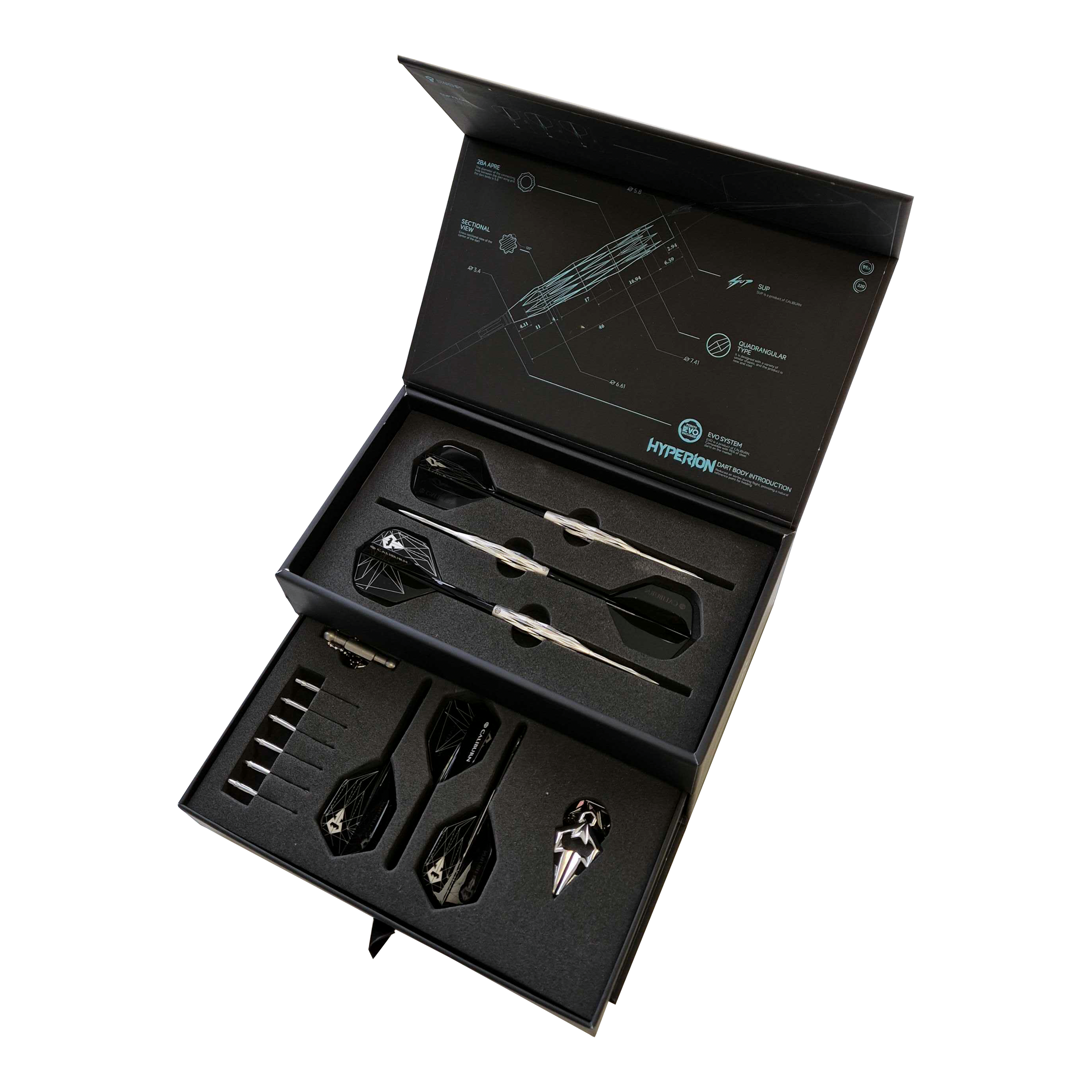 Gezeigt werden die Caliburn Starships Series Hyperion Steeldarts - 22g. Die Darts sind ideal für ambitionierte Spieler.