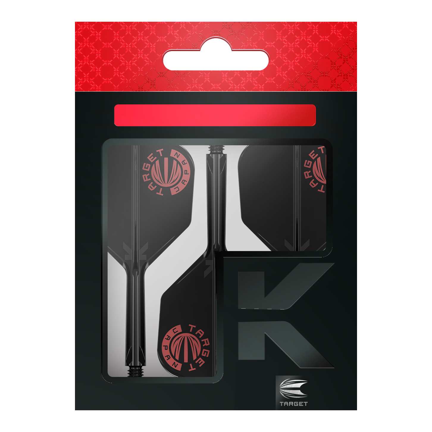 Target Japan K-Flex origineel logo rood zwart No6 vliegassysteem Das Bild zeigt die Verpackung des Produkts "Target Japan K-Flex Original Logo Red Black No6 Flight-Shaft-System". Die Verpackung ist schwarz mit roten Akzenten und dem Target-Logo sichtbar.