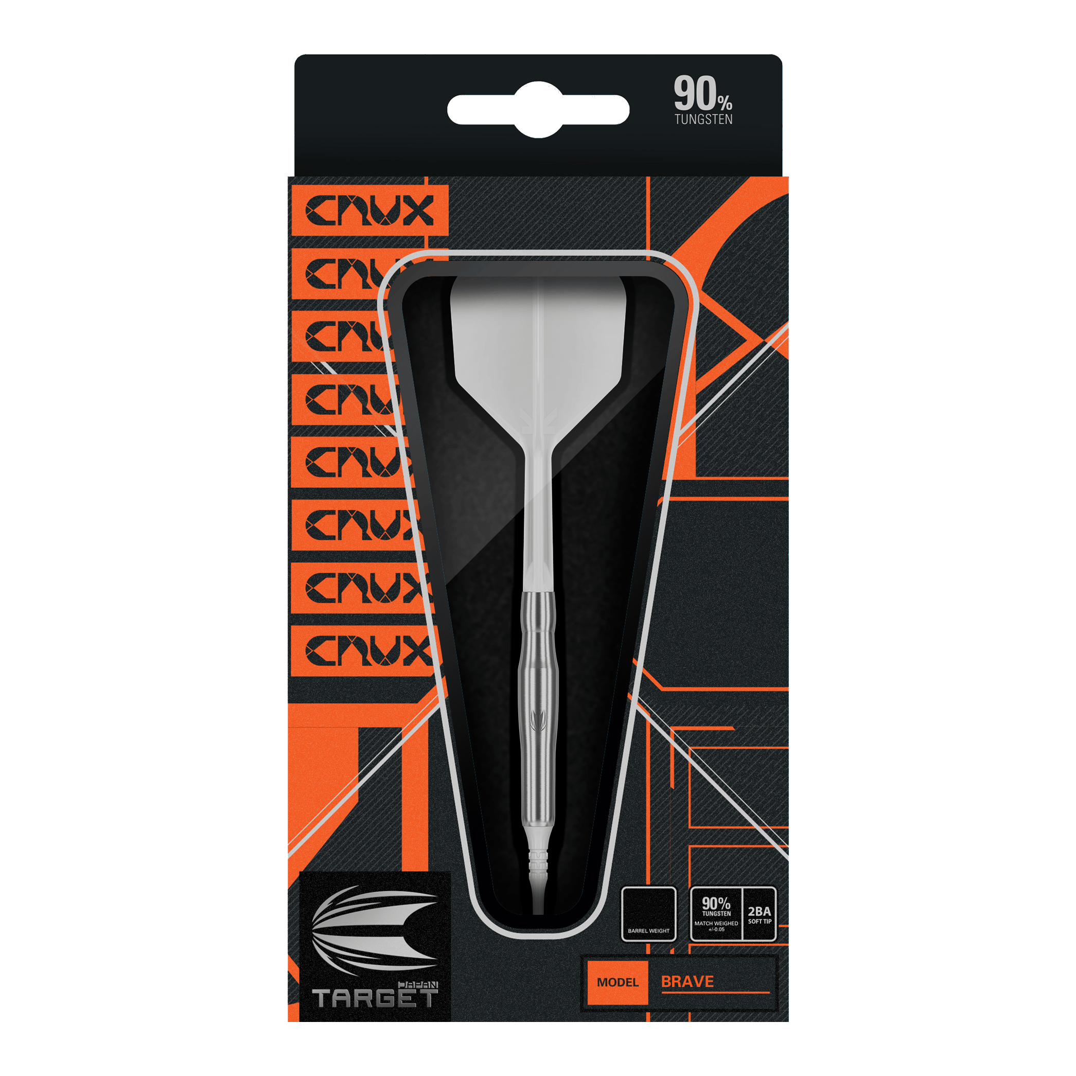 Target Japan Crux Brave Soft Darts - 18,5 g Das Bild zeigt die Verpackung des Produkts "Target Japan Crux Brave Softdarts - 18,5g". Der Dartpfeil ist gut sichtbar in einer schwarzen und orangefarbenen Box präsentiert.