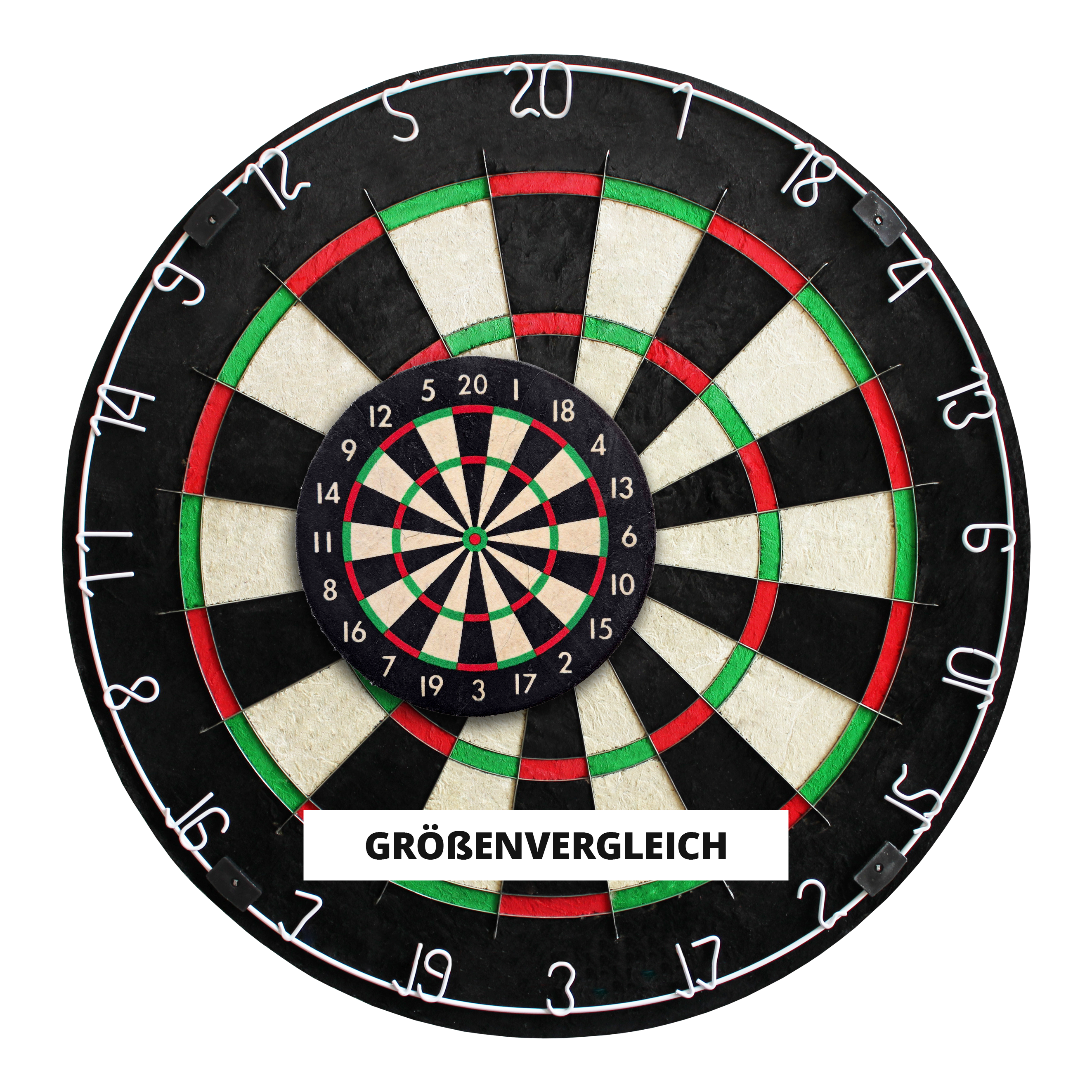 Ruthless Mini Desktop Dartbordset Das Bild zeigt zwei Dartscheiben, eine große und eine kleine, die übereinander gelegt wurden. In der Mitte steht das Wort "Größenvergleich" auf einem weißen Streifen.