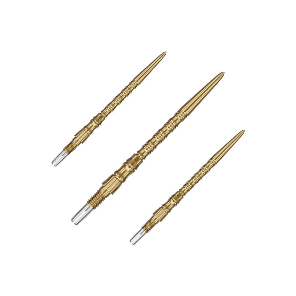 Ein Set von Target SwissPoint Signature TRB Dartspitzen in Gold mit 35mm Länge wird gezeigt. Die Dartspitzen sind zusammen abgebildet.