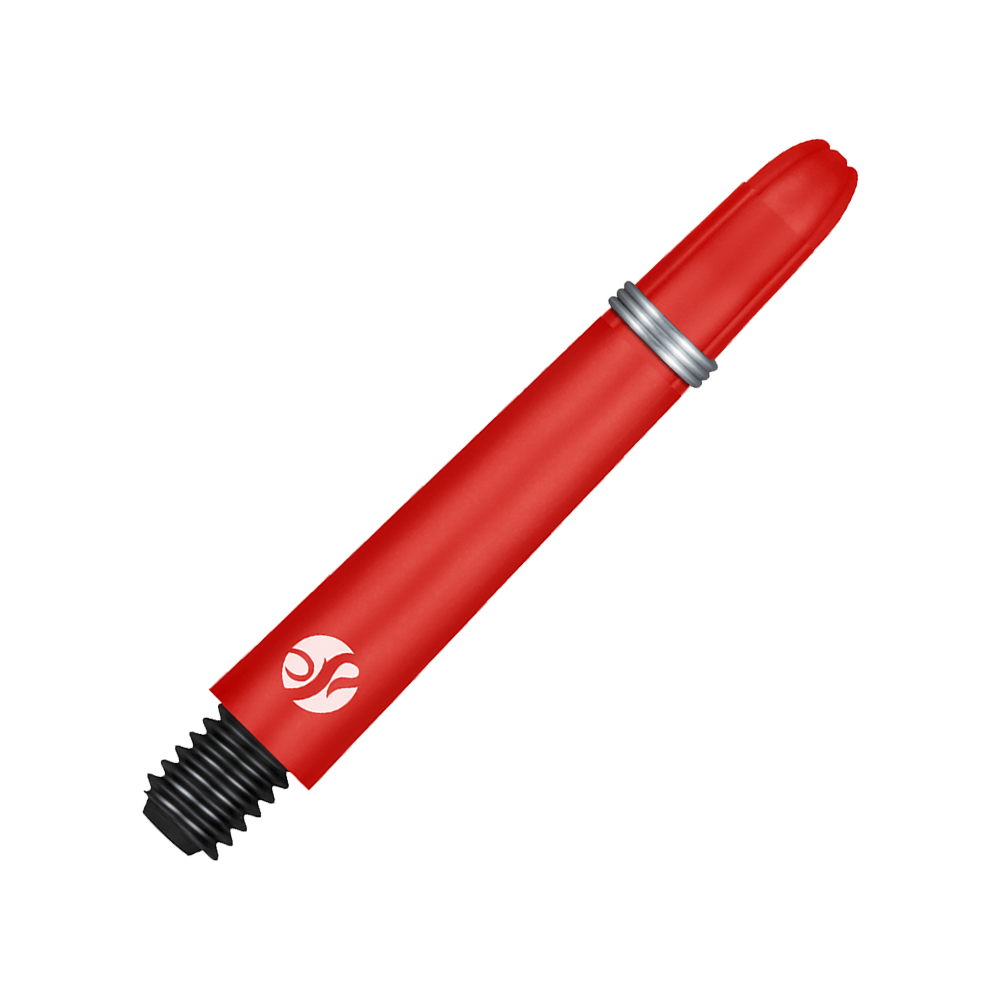 Shot Koi Carbon Shafts - Rood Auf dem Bild ist ein roter Carbon-Schaft für Dartpfeile zu sehen. Er hat ein silbernes Ringdetail und ein schwarzes Schraubgewinde am Ende.