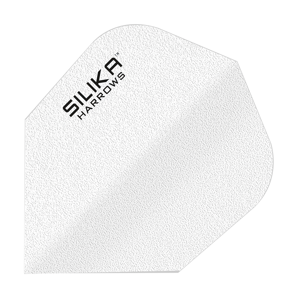 Harrows Silica Solid Tough Crystalline Coating Wit No6 Flights Das Bild zeigt ein weißes Dart-Flight mit der Aufschrift "SILIKA HARROWS". Es hat eine strukturierte Oberfläche und gehört zur Produktreihe "Silika Solid Tough Crystalline Coating White No6 Flights".