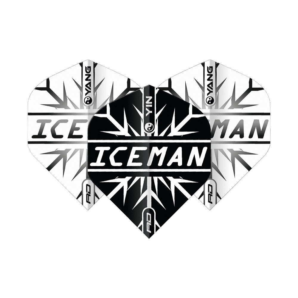 Red Dragon Gerwyn Prijs IJsman Zwart Wit Yin Yang Standaardvluchten Das Bild zeigt Dart-Flights in einem Yin-Yang-Design in Schwarz und Weiß mit dem Schriftzug "ICEMAN" in der Mitte. Das Muster erinnert an Eiskristalle und trägt das Markenlogo "Red Dragon".