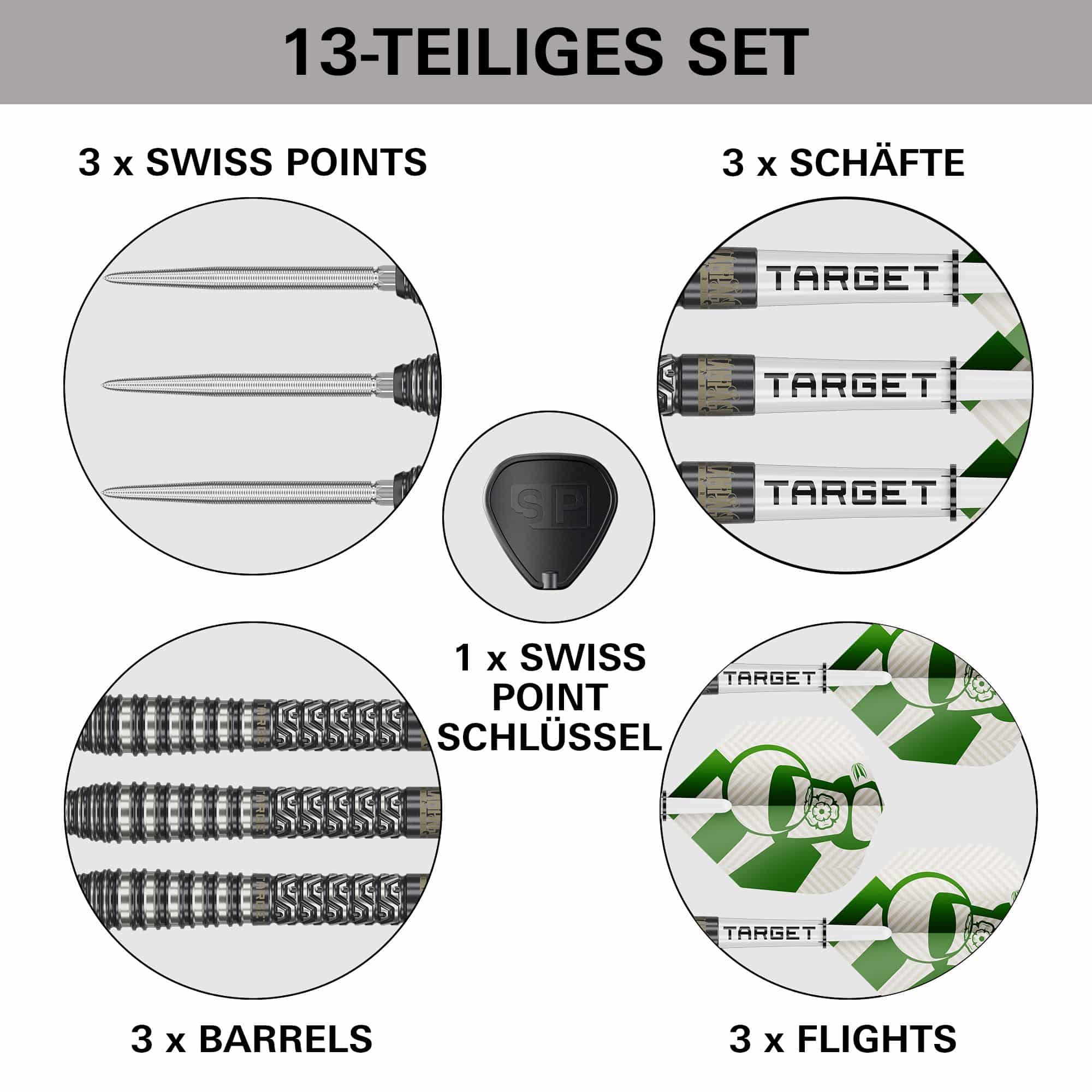 Target Charlie Manby Swiss Points stalen dartpijlen Das Bild zeigt die Target Charlie Manby Swiss Points Steeldarts. Sie eignen sich für professionelle Dartspieler.