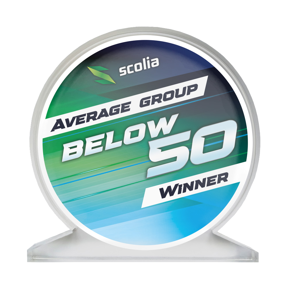Abgebildet ist ein Acrylglas-Pokal mit der Aufschrift "SCOPO-B50 Scolia". Der Pokal ist für einen Average unter 50 bestimmt.