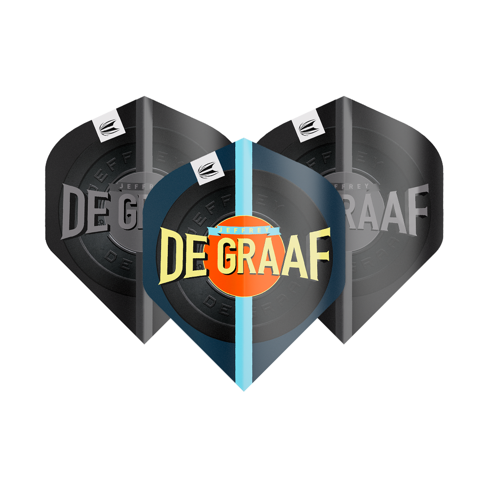 Das Bild zeigt drei Sätze Target Pro Ultra Jeffrey De Graaf GEN1 No2 Standard Flights. Auf den Flights steht groß „DE GRAAF“ und sie haben ein modernes Design in Schwarz und Blau.