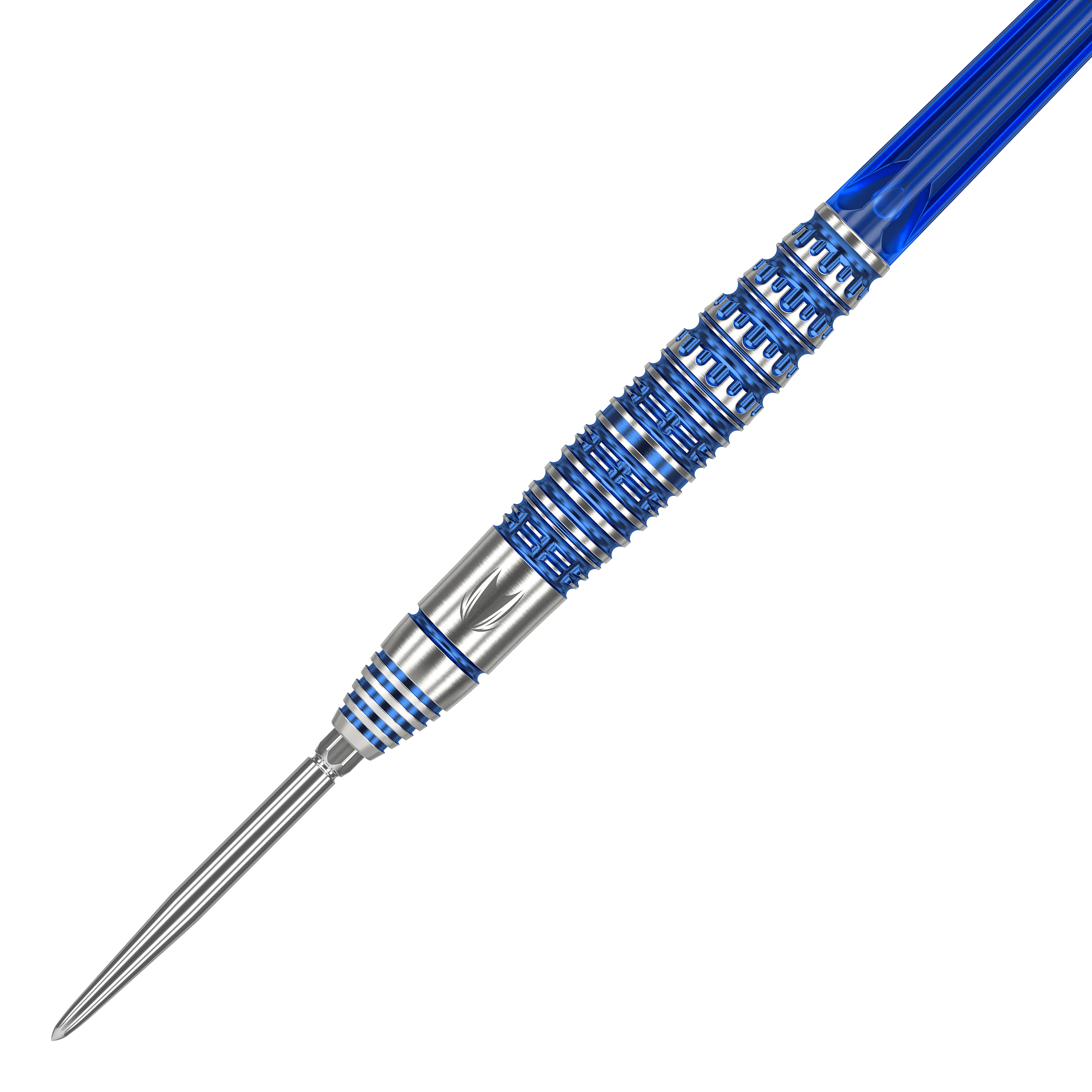 Target Japan Toru Suzuki Sereno GEN1 Swiss Point Steeldarts - 21g Das Bild zeigt einen Target Japan Toru Suzuki Sereno GEN1 Swiss Point Steeldart mit 21g Gewicht. Der Dartpfeil ist silberfarben mit blauen Akzenten und hat ein auffälliges Rillenmuster am Barrel.