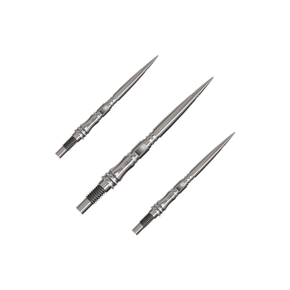 Harrows Quick Point Apex Axis Elite Series Dartspitzen - Silber Apex Axis Silver Elite Serie Dartspitzen in 30mm werden gezeigt. Sie sind silber und schlank.