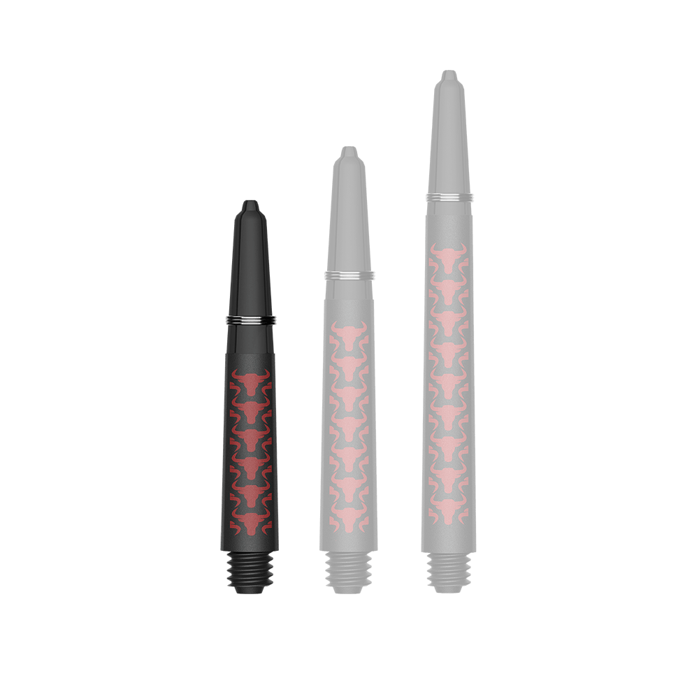 Bulls NL Capo Carbon shafts - Rood Zu sehen ist ein Dartzubehör, speziell eine Capo Carbon Shaft in Rot und kurzer Ausführung mit 34mm Länge. Das Produkt dient vermutlich als Teil eines Dartpfeils.