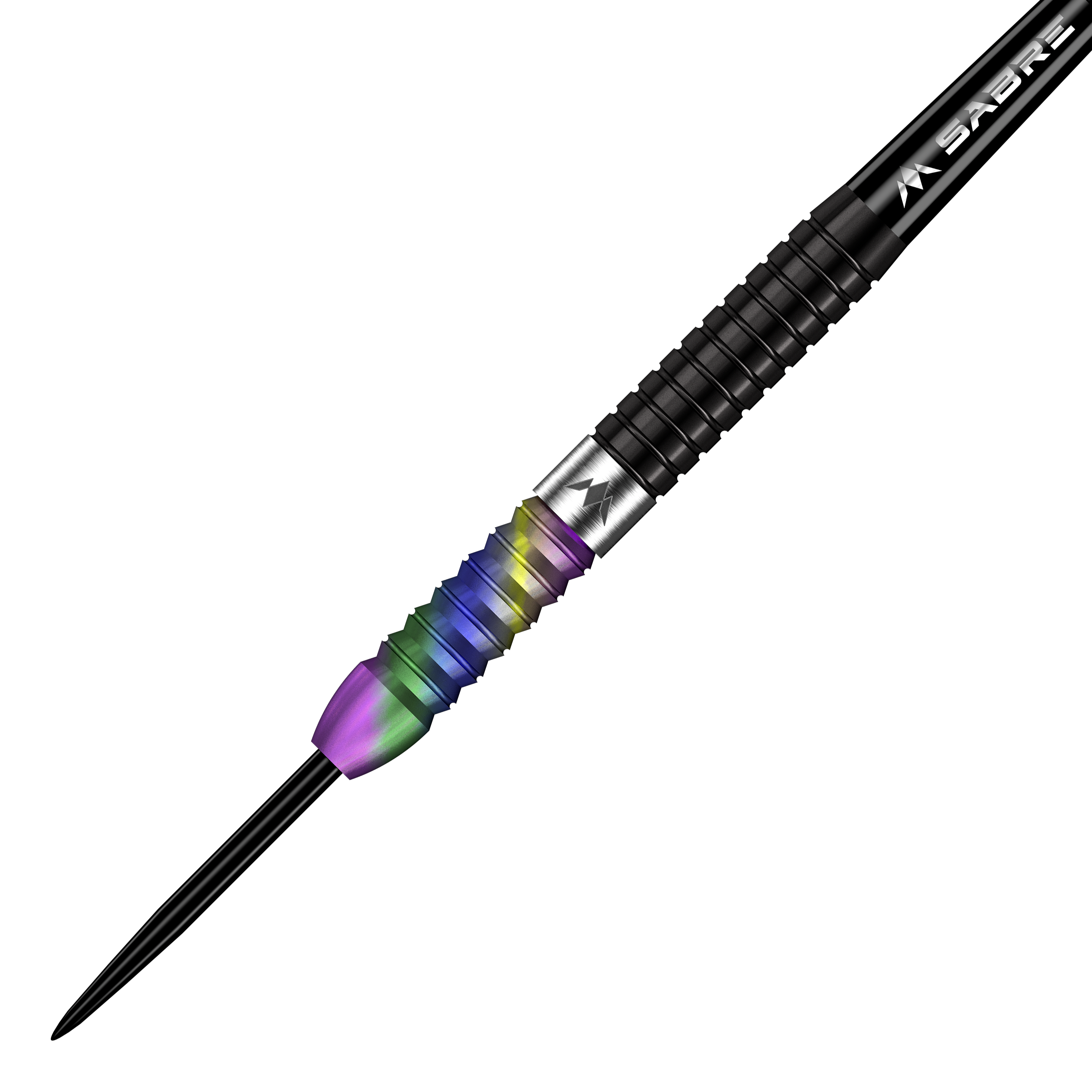 Missie Matt Edgar Steeldarts Das Bild zeigt einen Mission Matt Edgar Steeldart mit einem bunten, regenbogenfarbenen Griff. Der Dart hat ein schwarzes Schaftstück und eine scharfe Spitze.