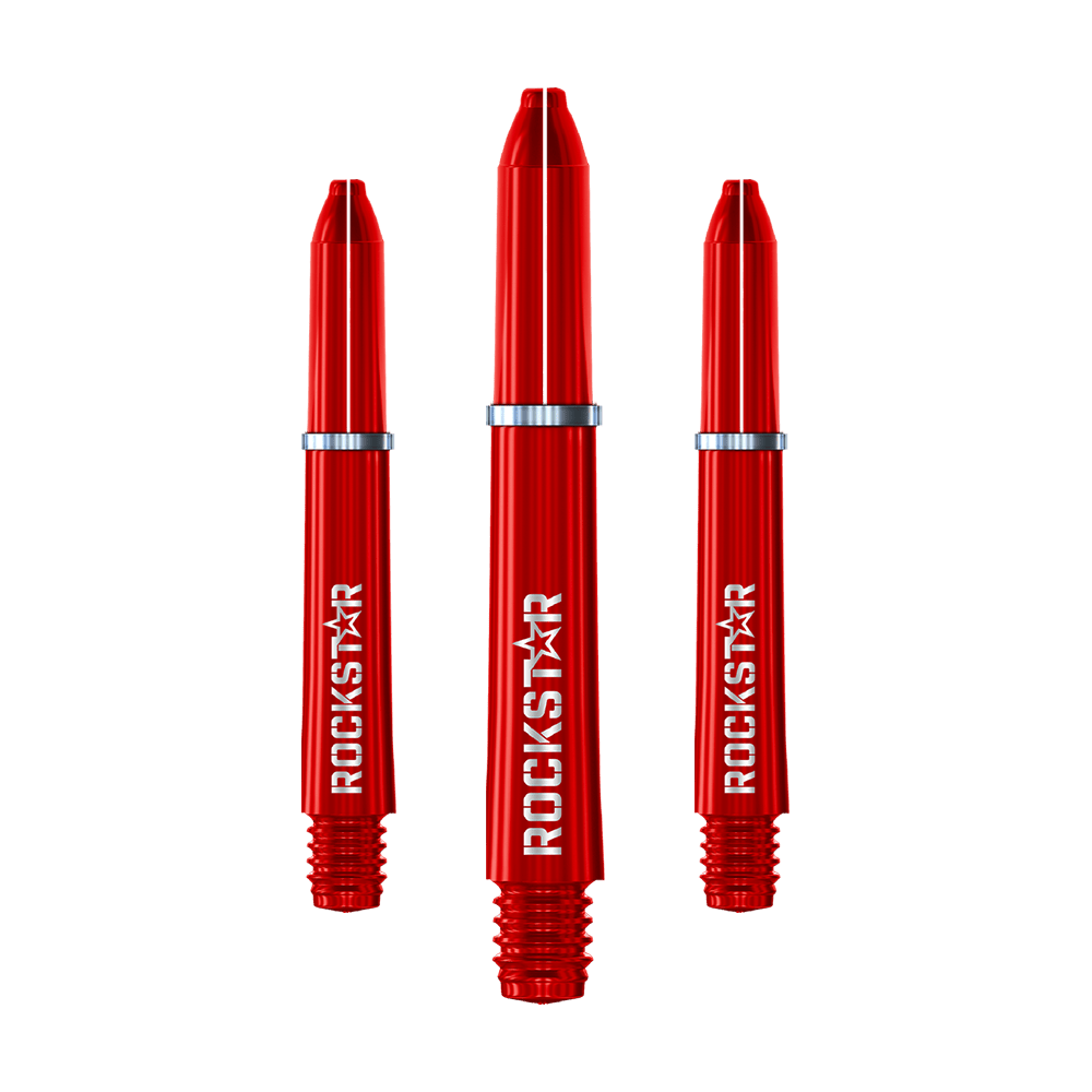 Winmau Joe Cullen Rockstar Nylon-schachten Auf dem Bild sind drei rote Nylon-Dartschäfte mit der Aufschrift "ROCKSTAR" zu sehen. Sie haben silberne Ringe und sind nebeneinander angeordnet.