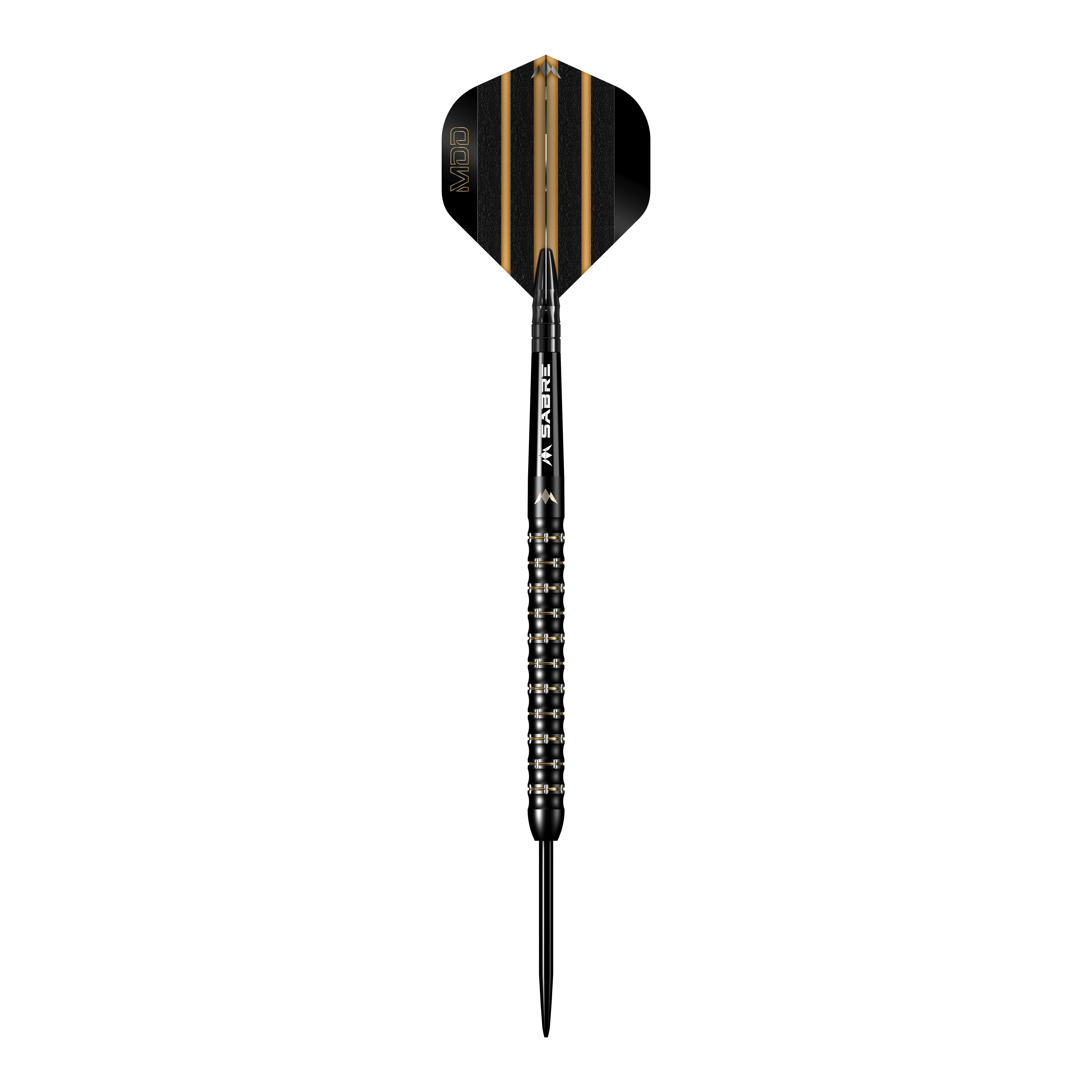 Mission Mike De Decker MDD Black Gold Steeldarts Das Bild zeigt einen schwarzen Steeldart mit goldenen Akzenten aus der Serie "Mission Mike De Decker MDD Black Gold". Der Dart hat ein modernes Design mit fein geriffeltem Griff und einer schwarz-goldenen Flight.