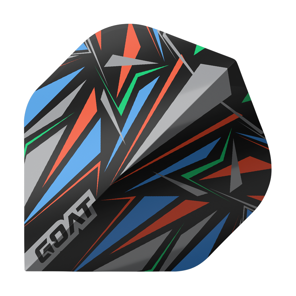 GOAT Athlete Black No2 Standaard Vluchten Das Bild zeigt das Produkt "GOAT Athlete Black No2 Standard Flights". Es hat ein auffälliges, geometrisches Muster in Schwarz mit blauen, roten, grünen und grauen Akzenten.